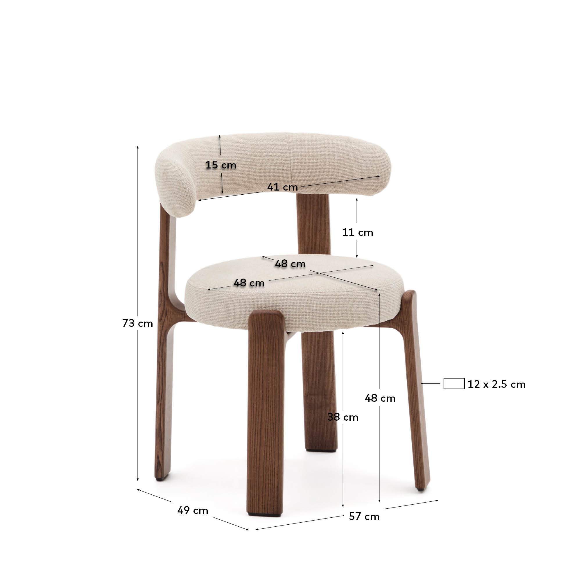 Eleganter Stuhl aus beiger Chenille und FSC-zertifiziertem Eschenholz mit Walnuss-Finish, perfekt für moderne Wohnräume.