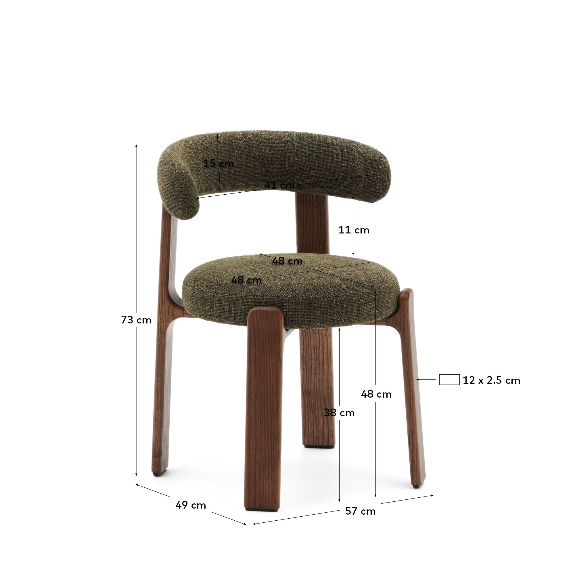 Moderner Stuhl aus grüner Chenille und FSC-zertifiziertem Eschenholz mit Walnuss-Finish, perfekt für nachhaltiges und elegantes Interieur.