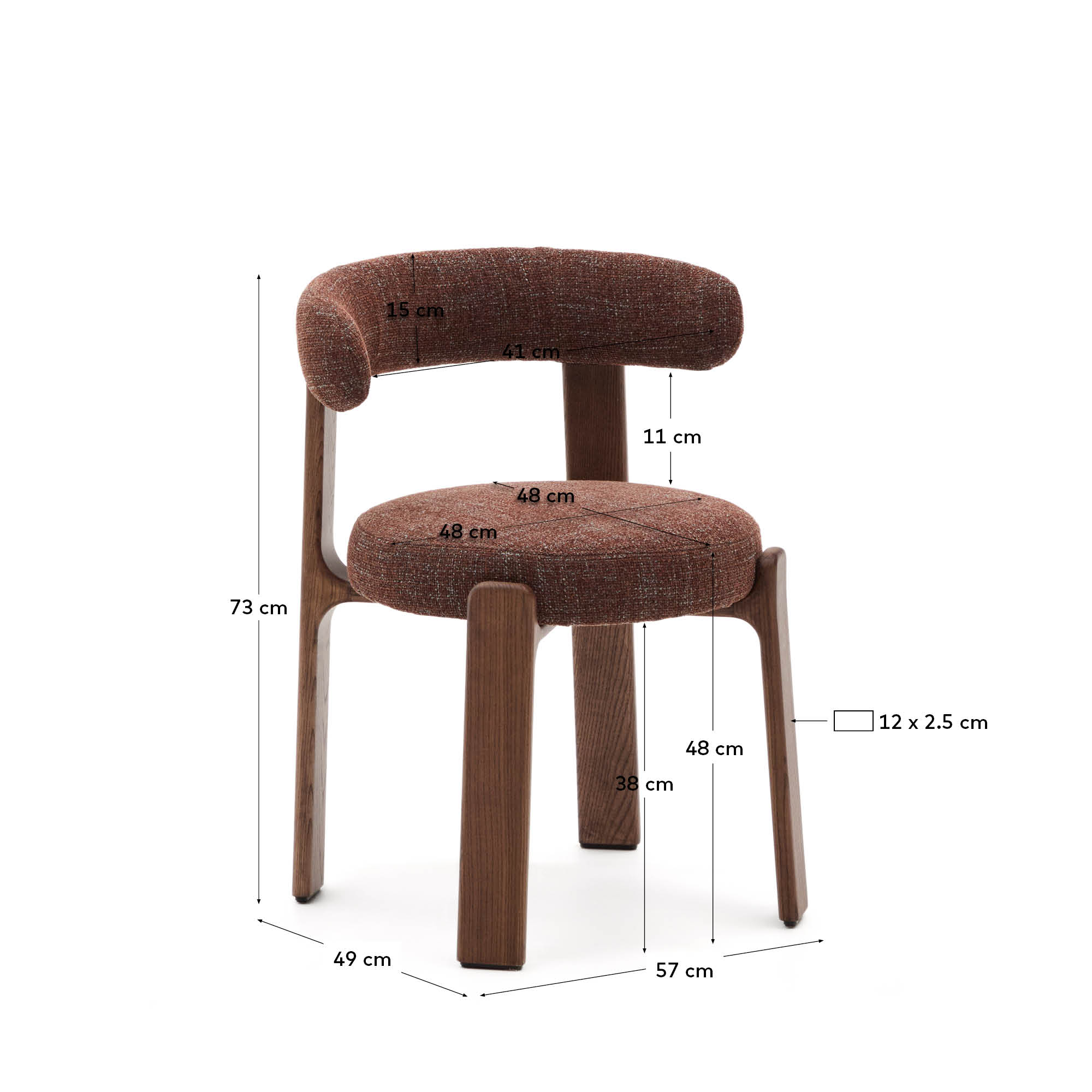 Eleganter Stuhl aus brauner Chenille und FSC-zertifiziertem Eschenholz mit Walnuss-Finish, perfekt für moderne Wohnräume.