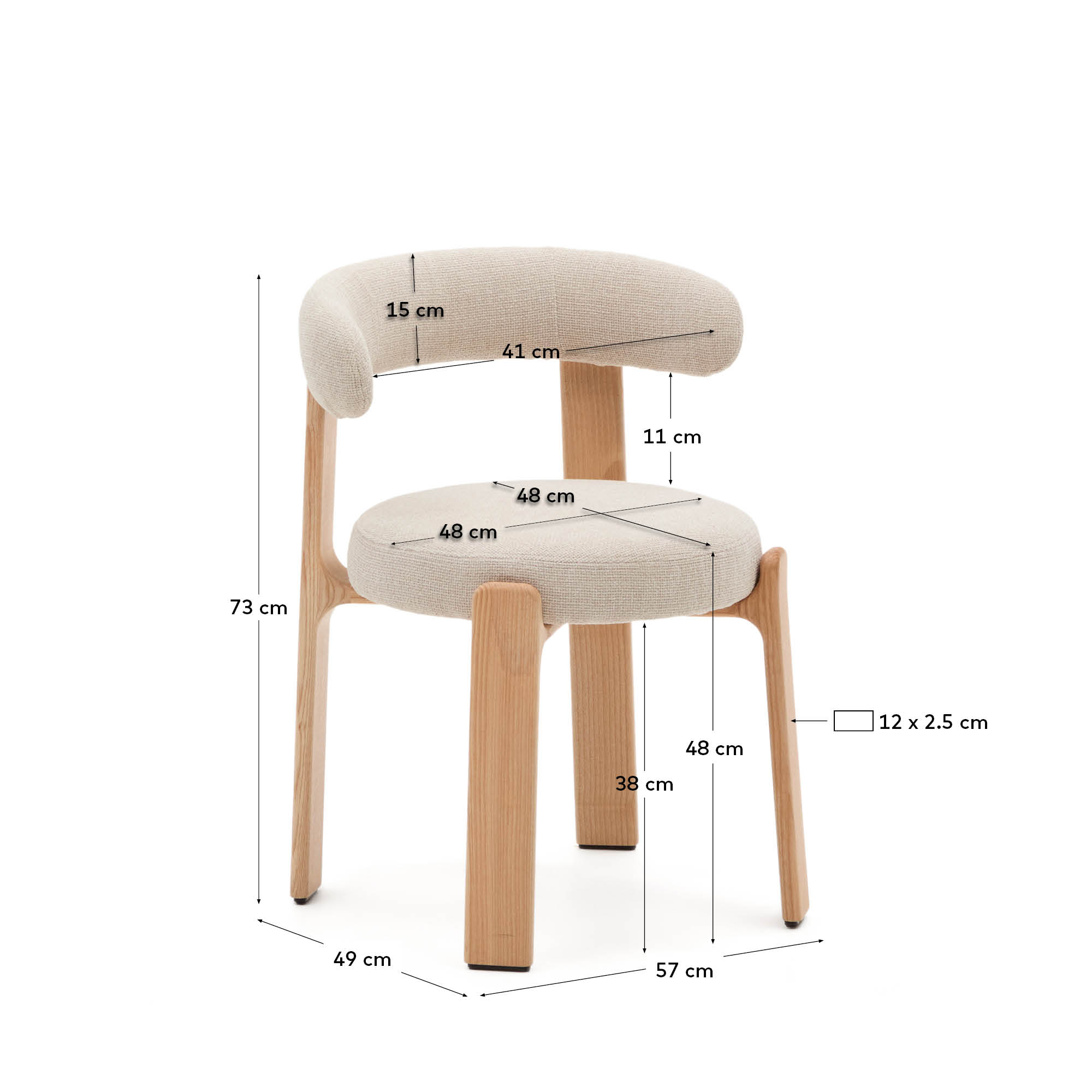 Moderner Stuhl aus beigem Chenille und FSC-zertifiziertem Eschenholz mit natürlichem Finish, perfekt für stilvolle Einrichtungen.
