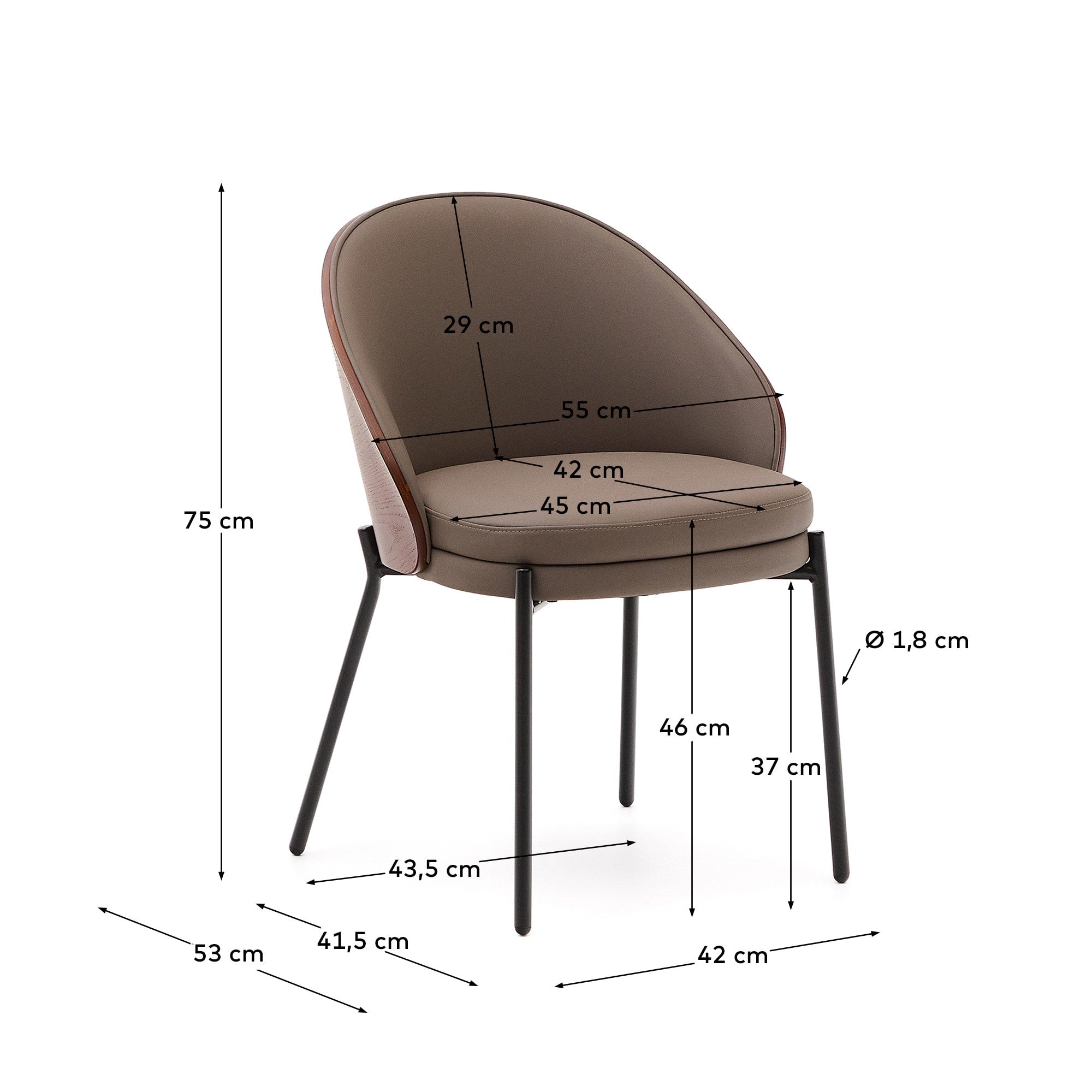 Eleganter Eamy Stuhl mit braunem Kunstleder, Nussbaum-Eschenfurnier und schwarzem Metall, ideal für moderne Wohnräume.