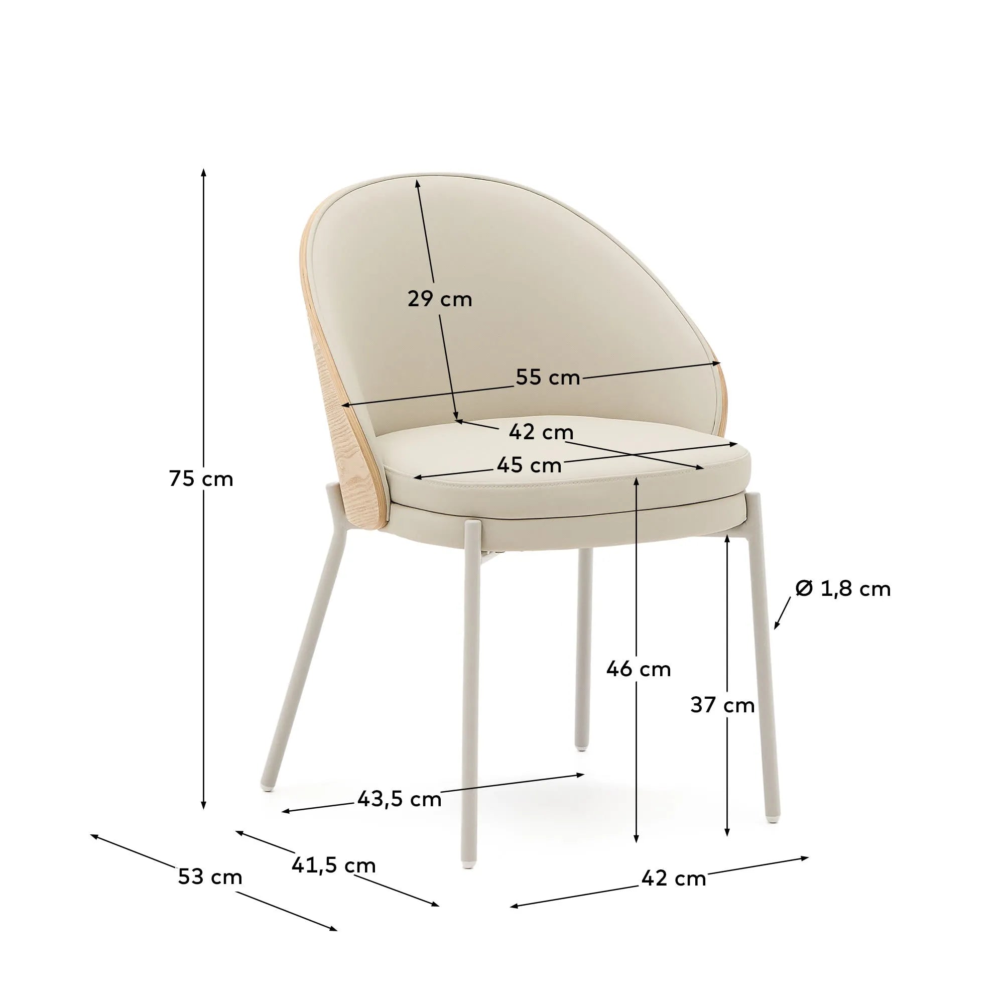 Eleganter Stuhl mit beigem Kunstleder, Eschenfurnier und Metallakzenten für modernen Stil und Komfort.