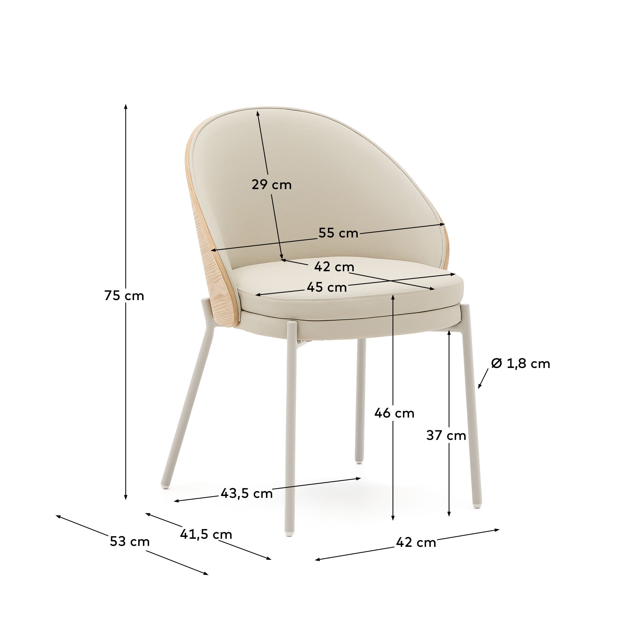 Moderner Eamy Stuhl in beigem Kunstleder und naturfarbenem Eschenfurnier, ergänzt durch stabile Metallfüße – ideal für jedes Esszimmer.