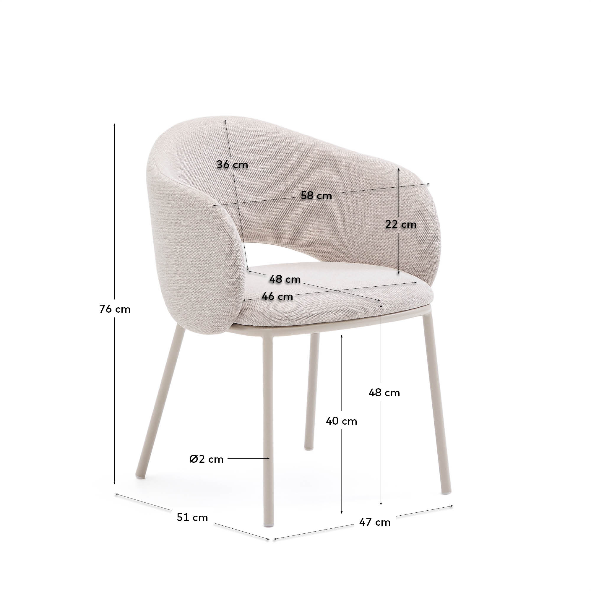 Eleganter Stuhl Maina in Beige mit robusten Stahlbeinen und nachhaltiger FSC-zertifizierter Beschichtung.