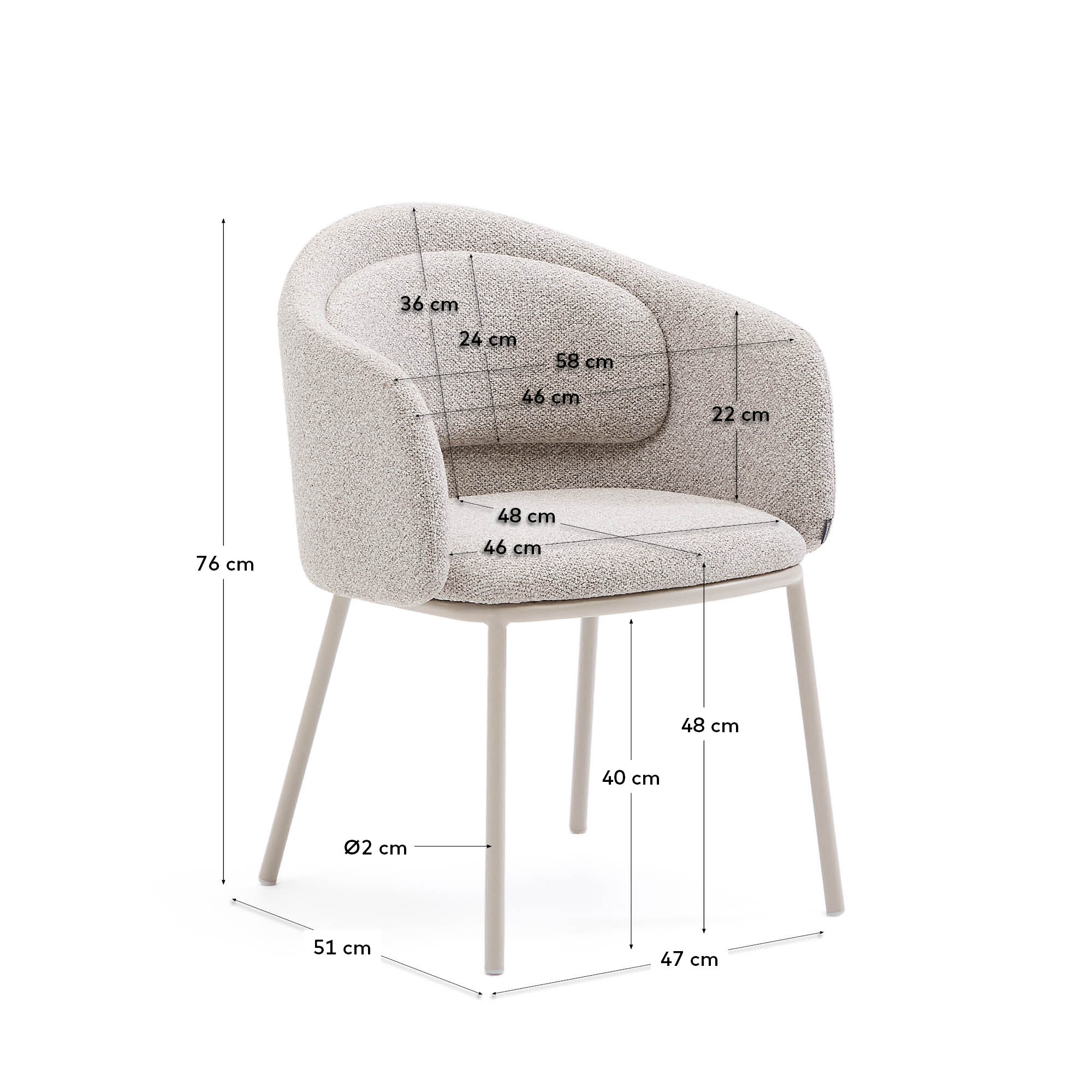Eleganter Stuhl Minda mit beigem Chenille-Bezug, robusten Stahlbeinen in Beige und FSC-zertifiziertem nachhaltigem Design.