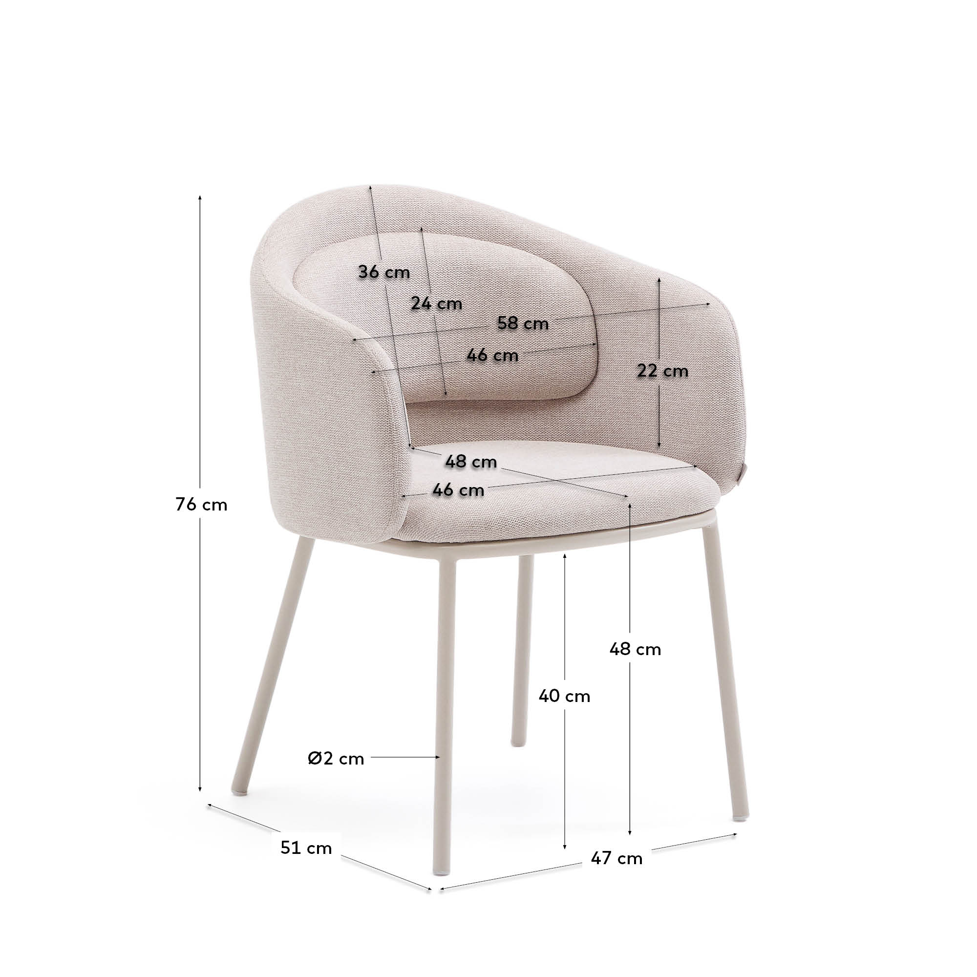 Eleganter Stuhl Minda in Beige mit stabilen Stahlbeinen, FSC-zertifiziert, perfekt für moderne und umweltbewusste Einrichtungen.