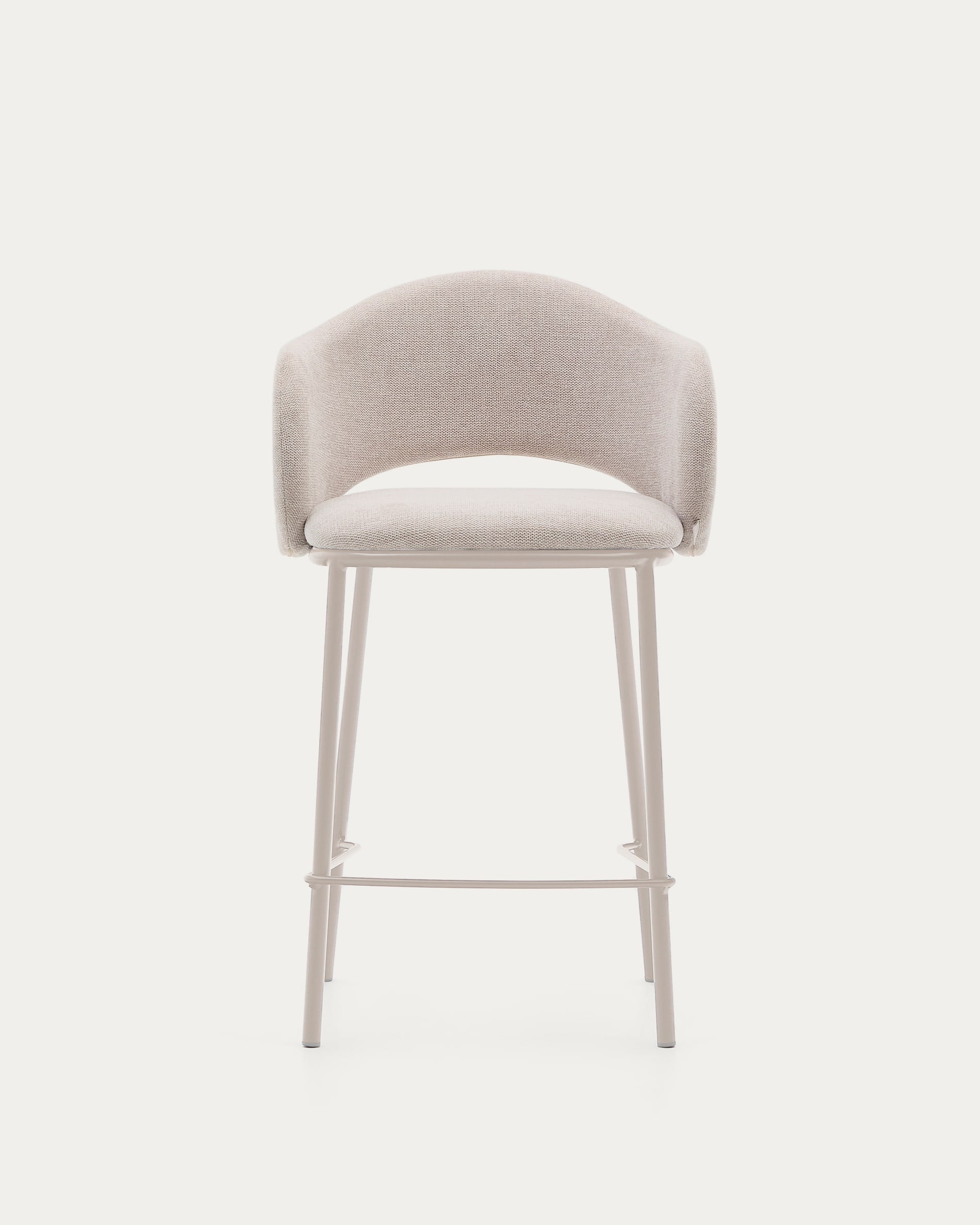 Eleganter Hocker Maina mit beigefarbener Chenille-Polsterung, stabilen Stahlbeinen und FSC-zertifiziertem Material, 65 cm hoch.