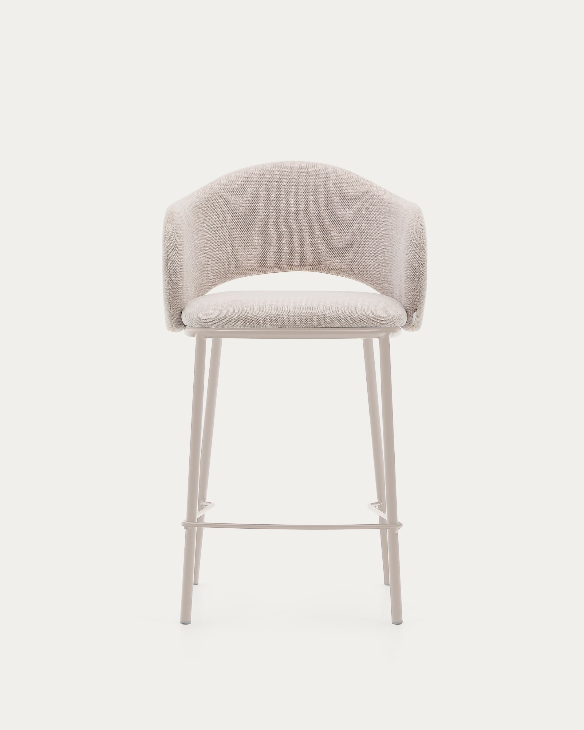 Eleganter Hocker Maina mit beigefarbener Chenille-Polsterung, stabilen Stahlbeinen und FSC-zertifiziertem Material, 65 cm hoch.