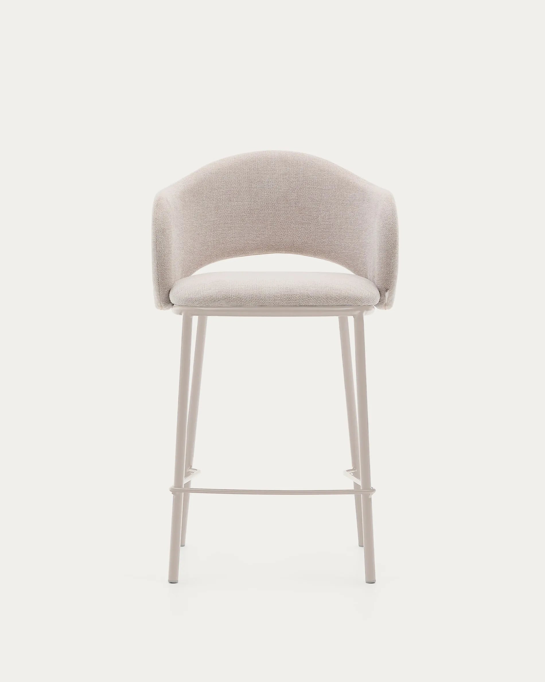 Eleganter Hocker Maina mit beiger Chenille, stabilen Stahlbeinen, FSC-zertifiziert, 65 cm hoch, modern und umweltfreundlich.