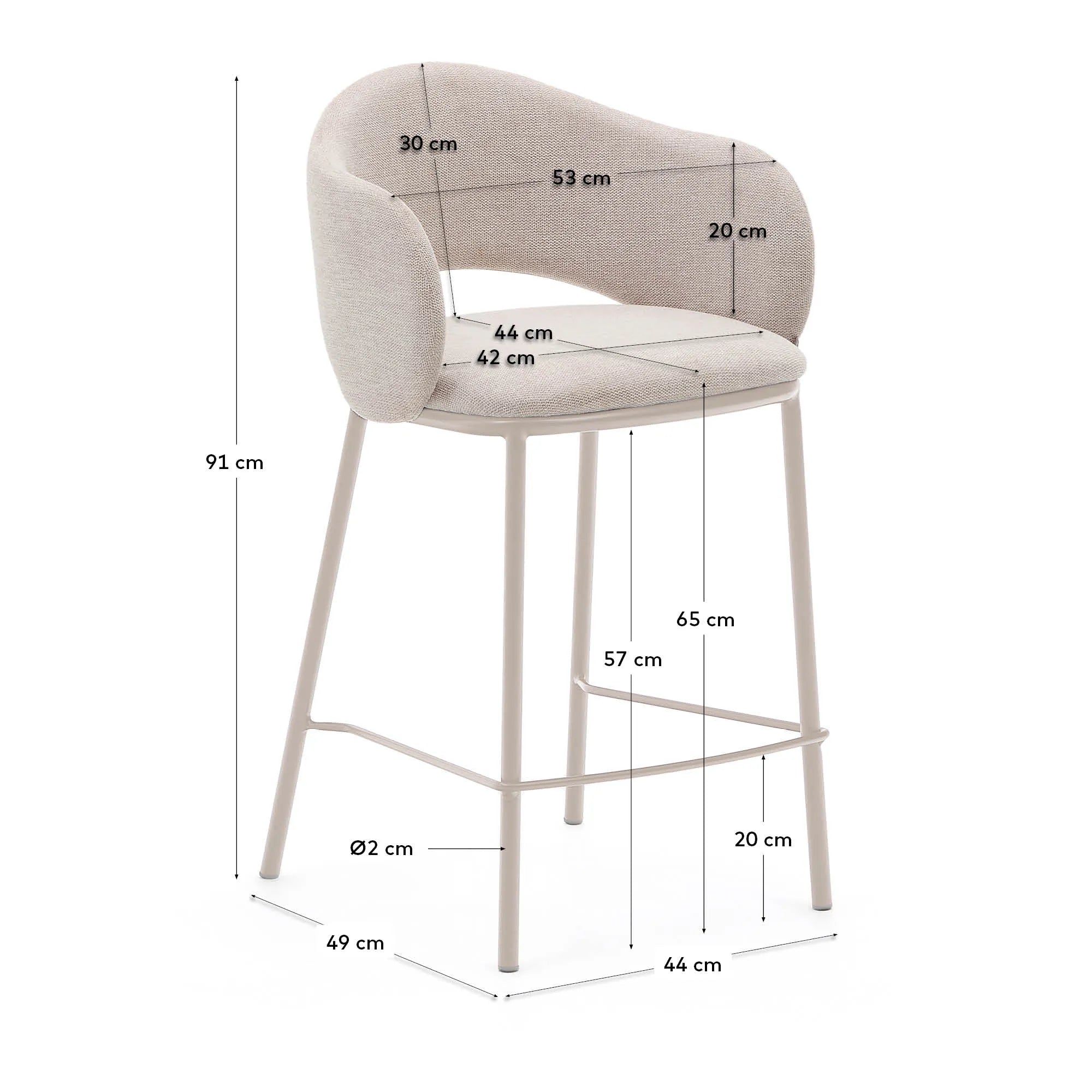Hocker Maina, 65 cm, mit beiger Chenille-Polsterung und robusten Stahlbeinen, FSC-zertifiziert, ideal für stilvolles Wohnen.