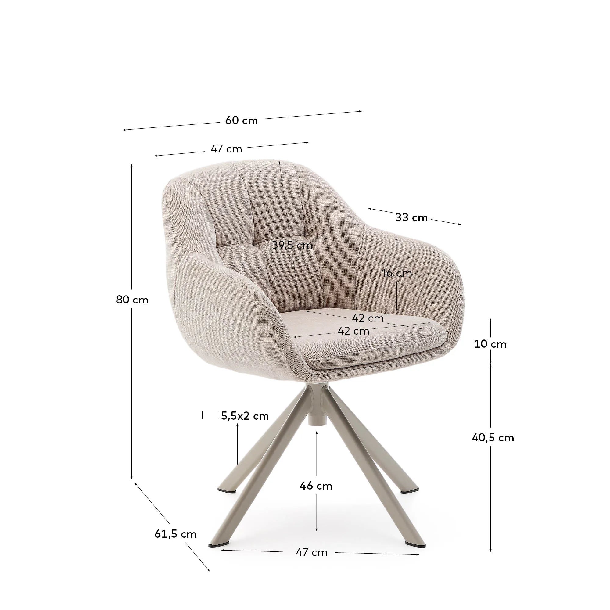 Eleganter Drehstuhl Dorina mit beiger Chenille-Polsterung und robusten Stahlbeinen, perfekt für moderne und komfortable Wohnräume.