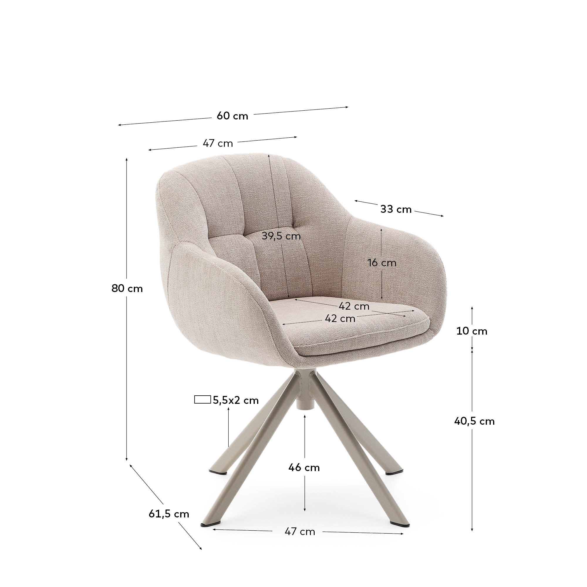 Eleganter Drehstuhl Dorina aus beiger Chenille mit robusten Stahlbeinen, perfekt für komfortable und stilvolle Einrichtungsideen.