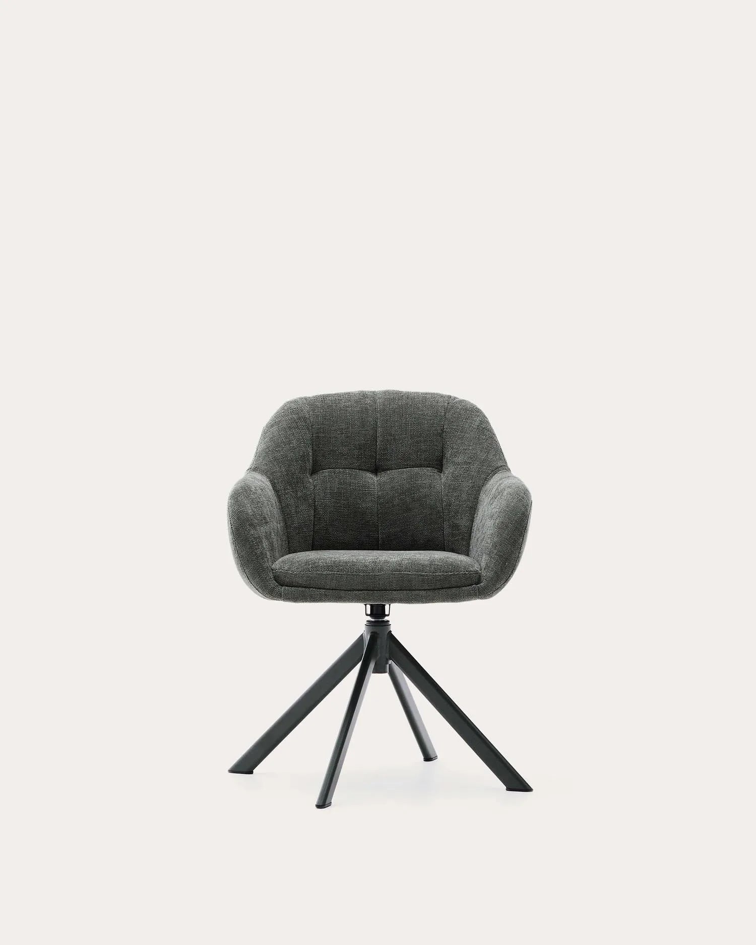 Eleganter Drehstuhl Dorina mit grünem Chenillebezug und grünen Stahlbeinen, perfekt für moderne Wohn- und Arbeitsräume.