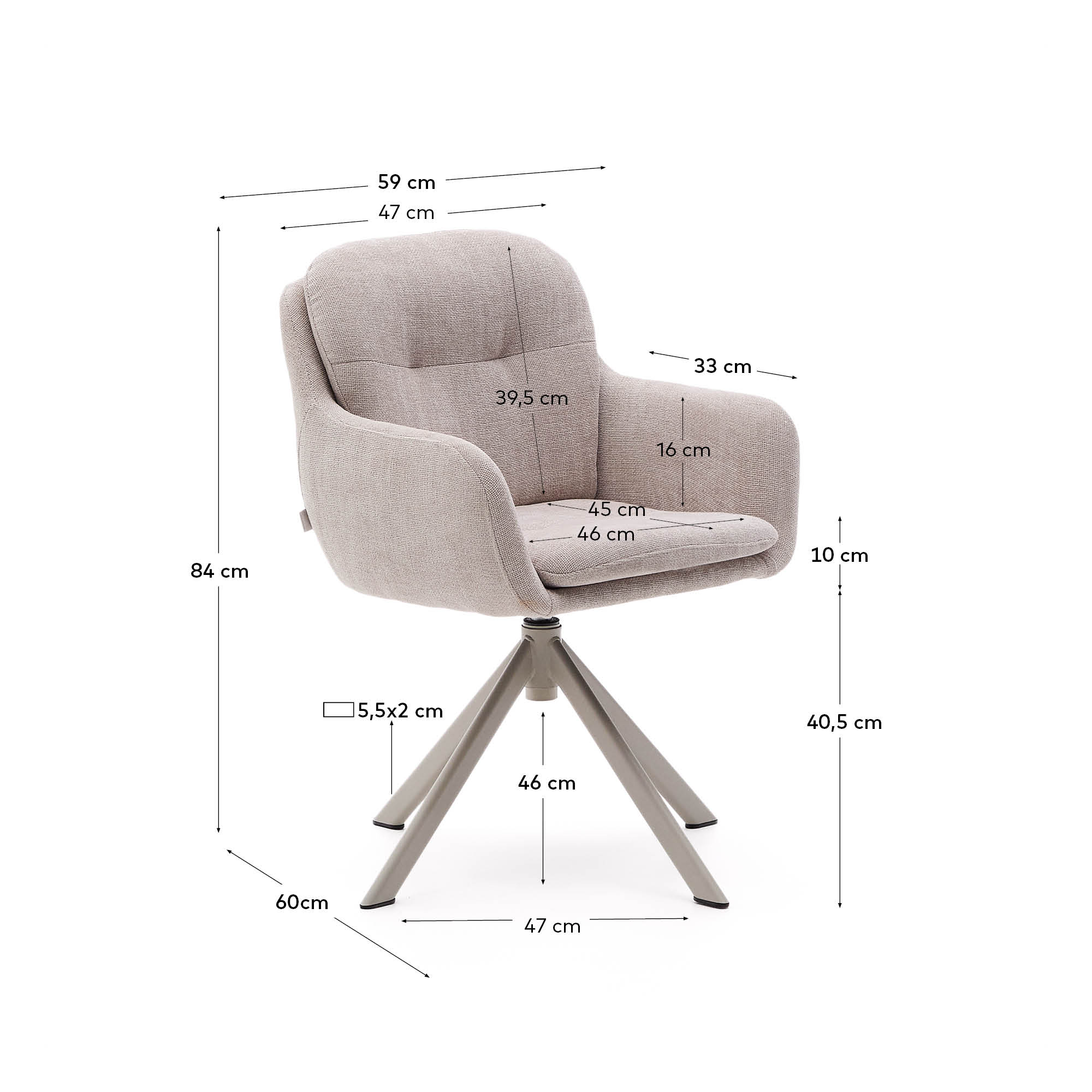 Moderner Drehstuhl Lexa mit beiger Chenille-Polsterung und stabilen Stahlbeinen in Beige, ideal für stilvolle Einrichtungen.