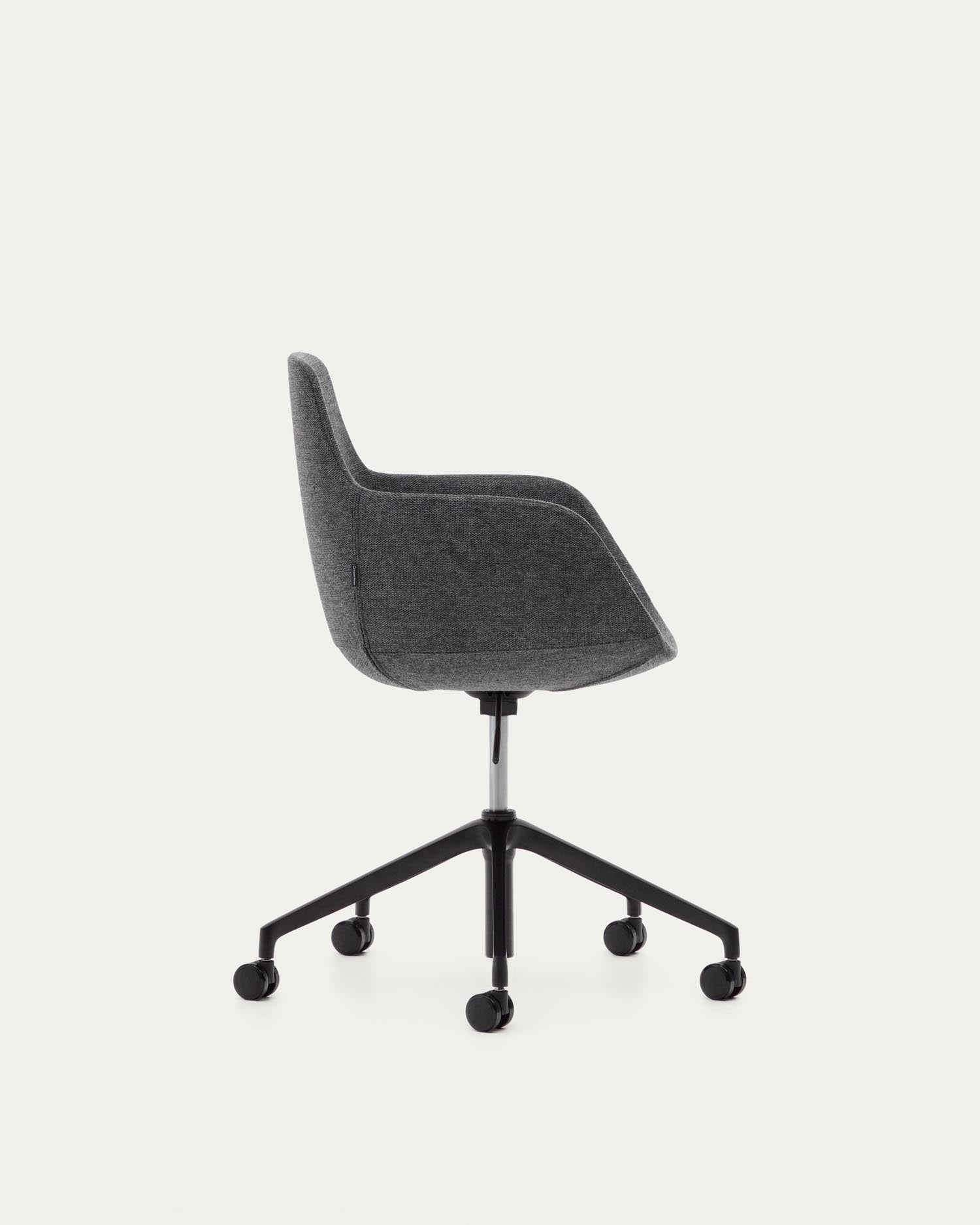 Eleganter Tissiana Schreibtischstuhl in Dunkelgrau mit mattschwarzer Aluminiumoberfläche. Ideal für modernes Arbeiten und höchsten Sitzkomfort.