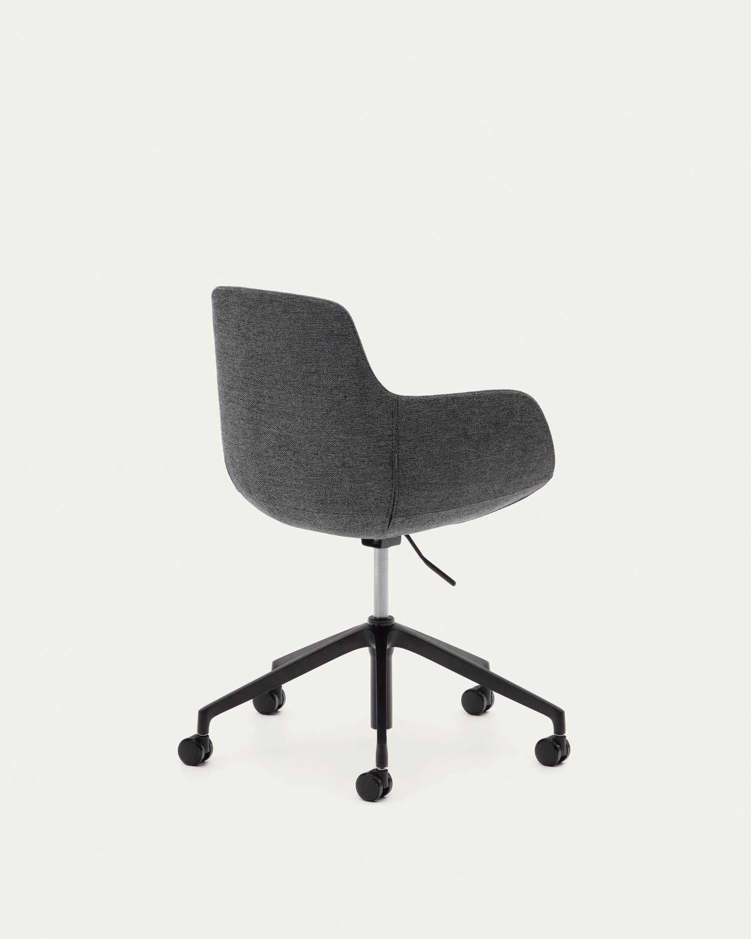 Moderner Tissiana Schreibtischstuhl in Dunkelgrau mit stilvollem Aluminium und mattschwarzer Oberfläche. Perfekt für ergonomisches Arbeiten und elegantes Design.