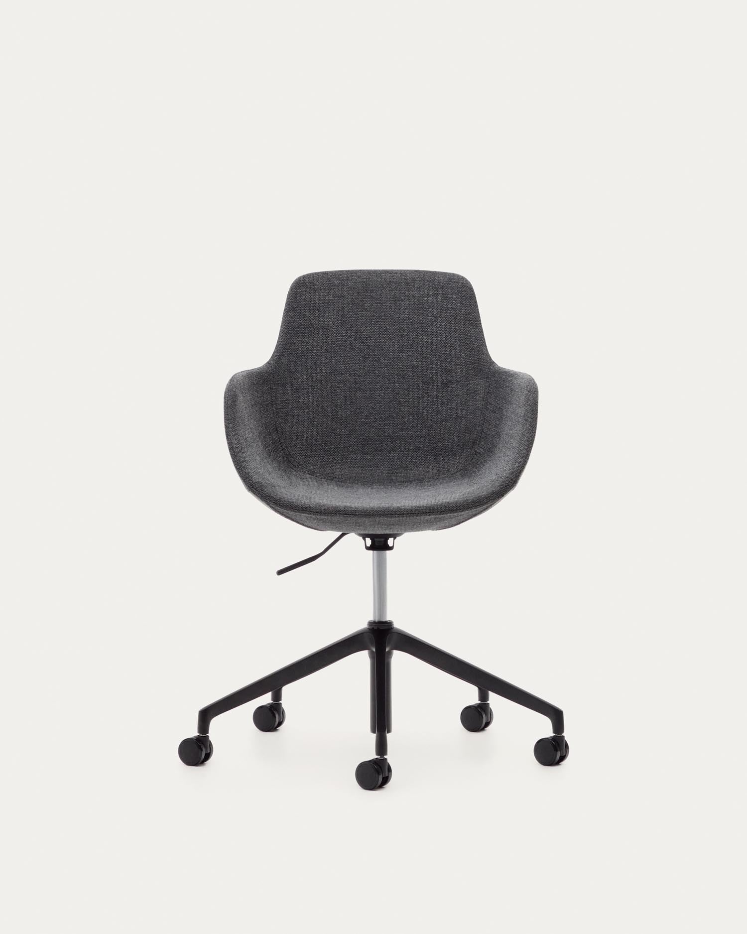 Eleganter Tissiana Bürostuhl in Dunkelgrau mit Aluminiumdetails und mattschwarzem Finish, perfekt für modernes Arbeitsambiente.