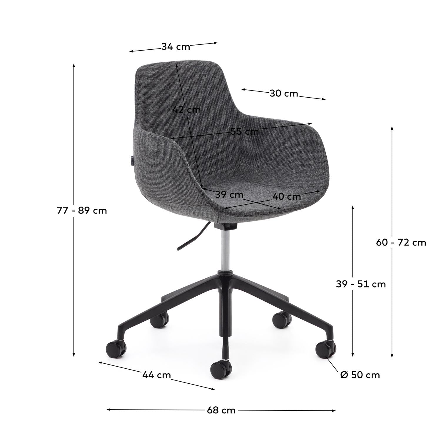 Moderner Tissiana Schreibtischstuhl in Dunkelgrau mit stilvollem Aluminium und mattschwarzer Oberfläche. Ideal für ergonomisches Arbeiten und elegantes Design.