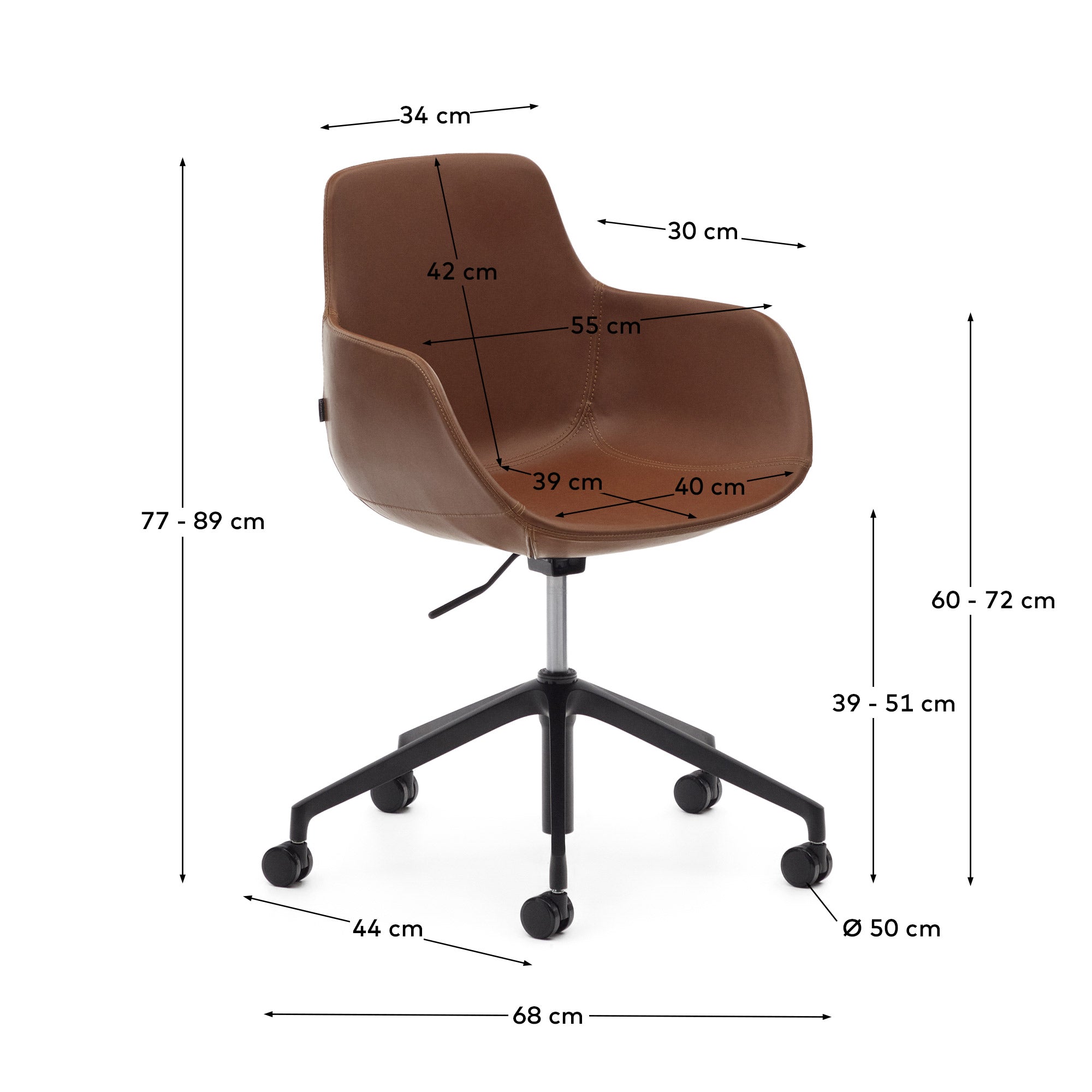 Eleganter Schreibtischstuhl aus braunem Kunstleder, ergonomisch und höhenverstellbar, mit mattschwarzem Aluminiumrahmen.