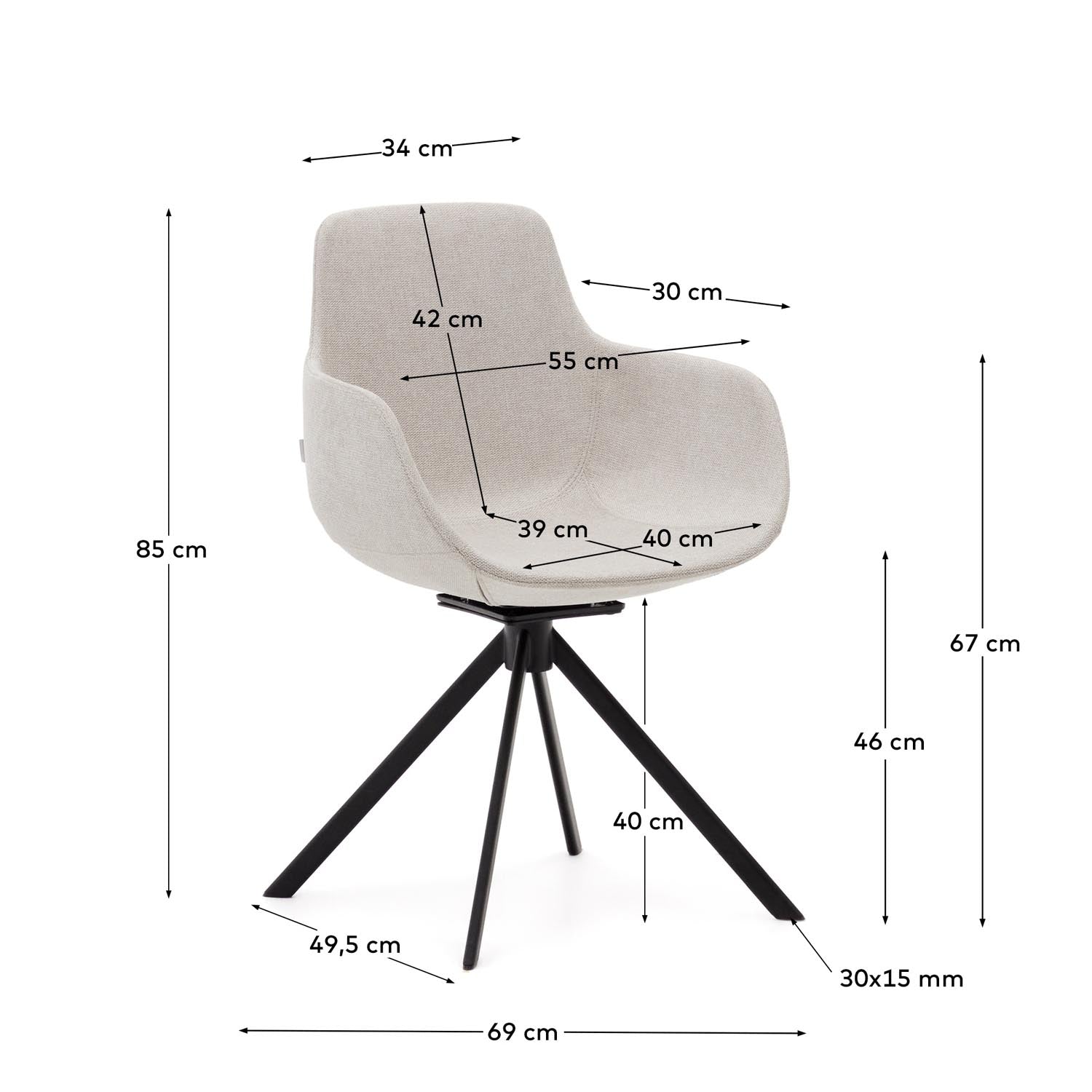 Moderner Drehstuhl Tissiana in beige Chenille und mattschwarzem Stahl. Ergonomisch, drehbar und ideal für stilvolle Arbeitsumgebungen.
