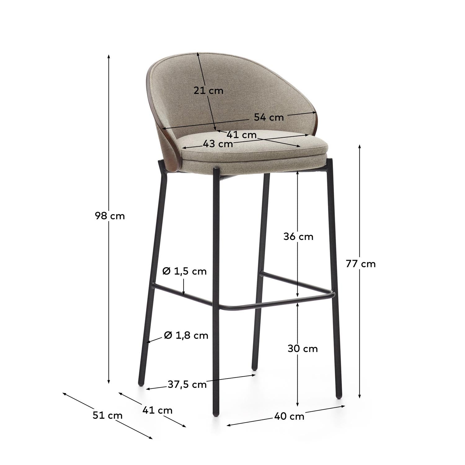 Eamy Hocker: Eleganter Barhocker mit brauner Chenille, Eschenfurnier und robustem Stahl. Ideal für moderne Küchen und Bars.