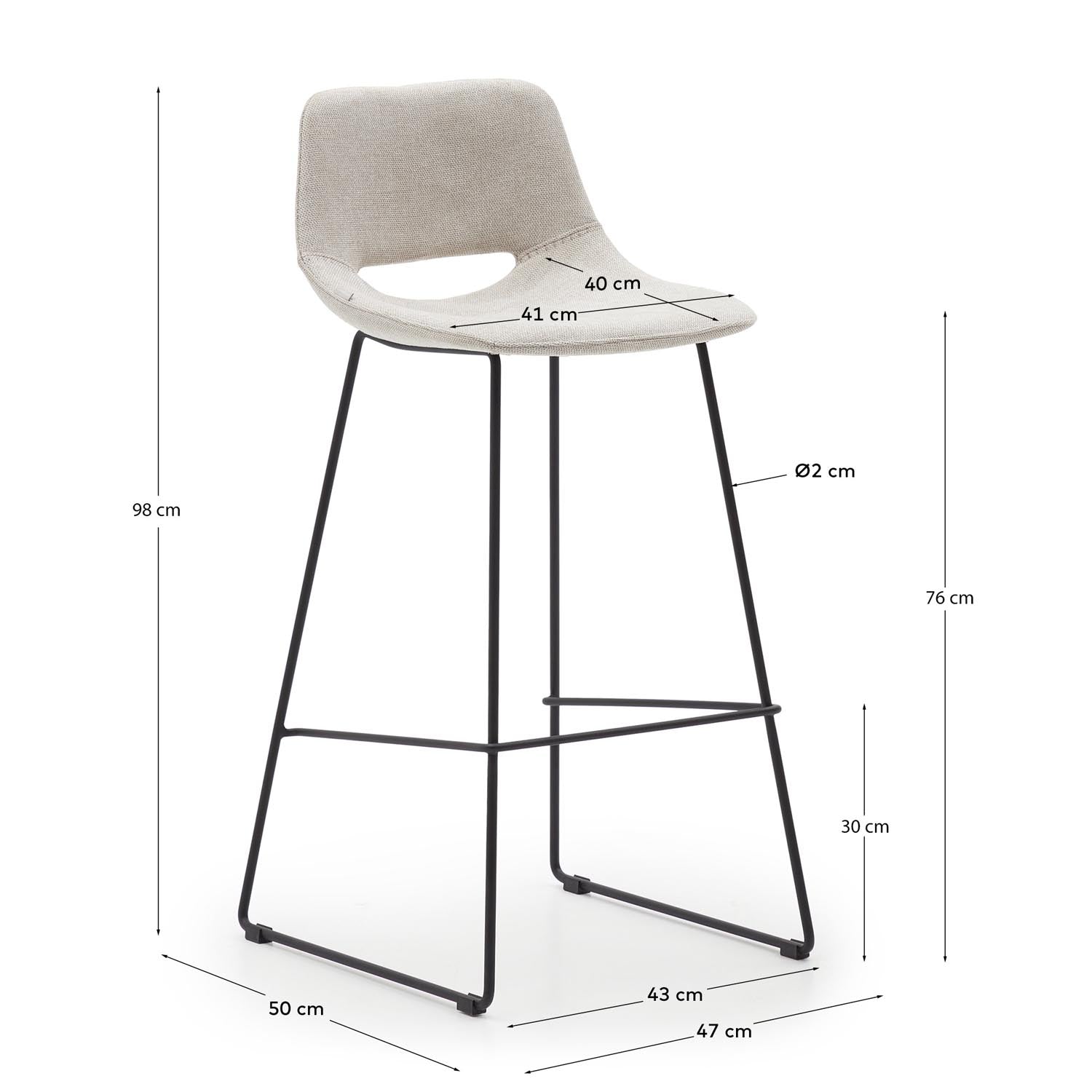 Zahara Hocker in Beige und schwarzem Stahl, 76 cm hoch. Stilvoller Sitz für Bar und Küche, ideal für gesellige Abende.