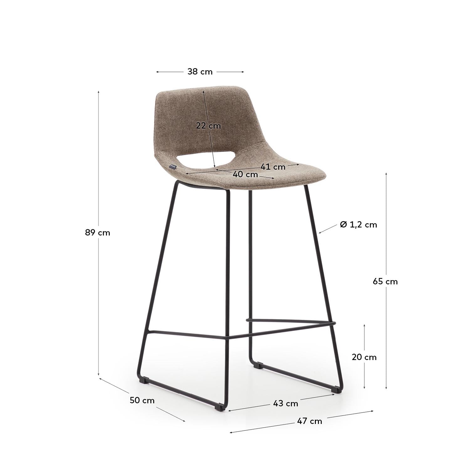 Entdecke den eleganten Zahara Hocker in Braun und Stahl mit schwarzem Finish. Mit 65 cm Höhe vereint er Komfort und modernes Design für jeden Essbereich.