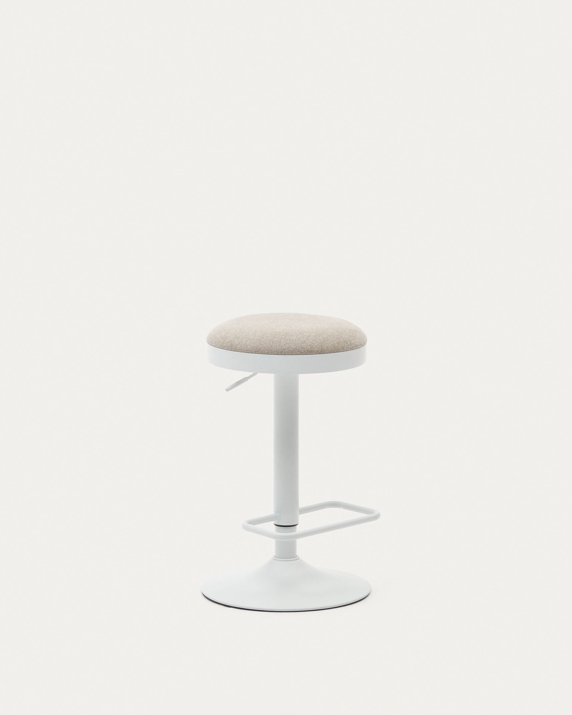 3D-Modell des Zaib Hockers: Verstellbar, beige Chenille, mattweisser Stahl, modern und vielseitig für Küche und Bar.