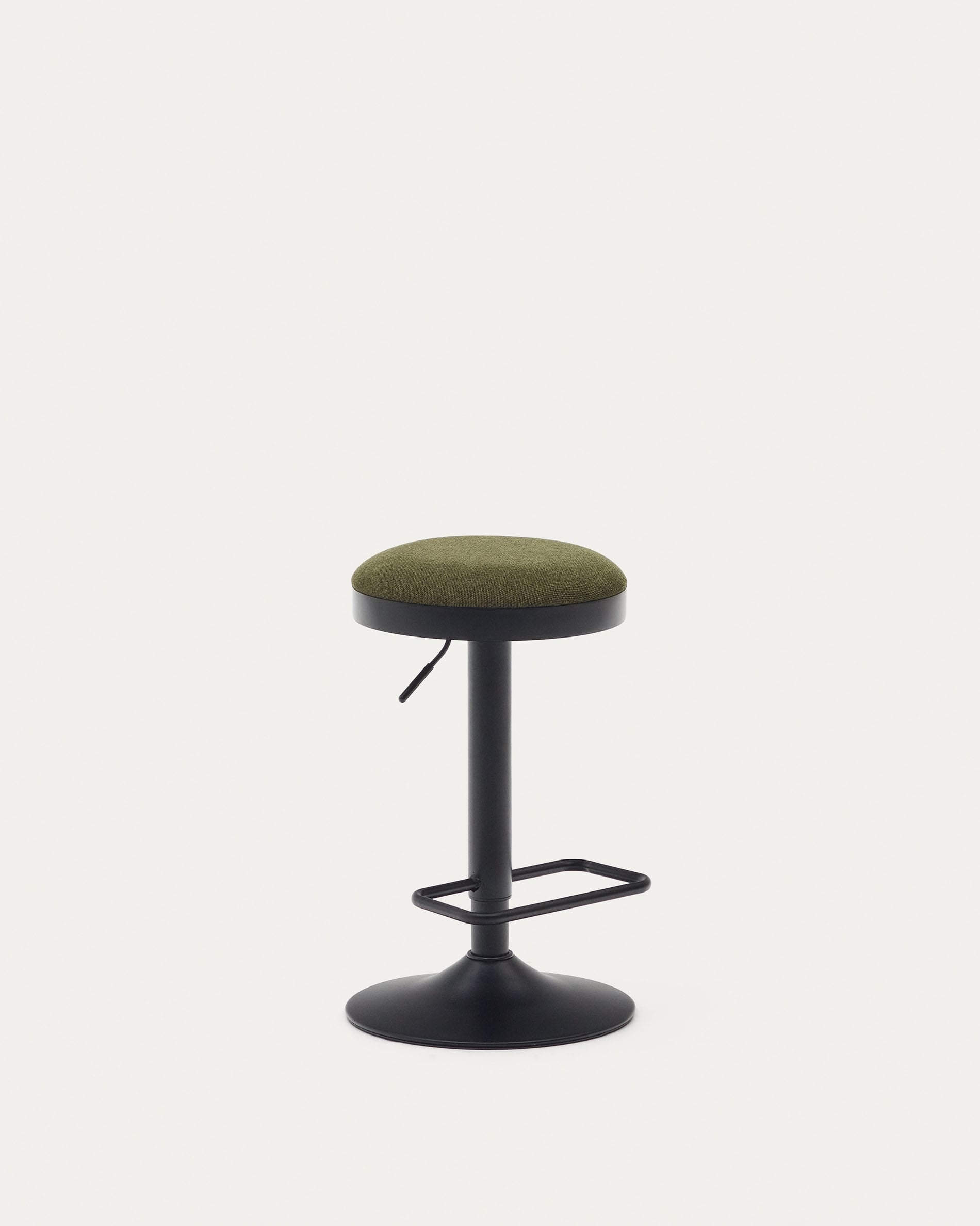 3D-Modell des Zaib Hockers: Dunkelgrüne Chenille, mattschwarzer Stahl, höhenverstellbar, ideal für Küche & Bar.