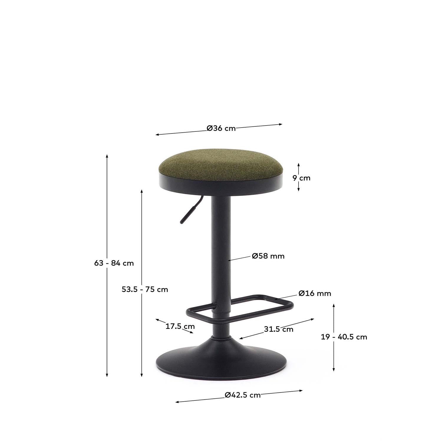 Zaib Hocker: Eleganter Hocker in dunkelgrüner Chenille, höhenverstellbar von 63-84 cm, mit robustem mattschwarzem Stahlrahmen für jeden Raum.