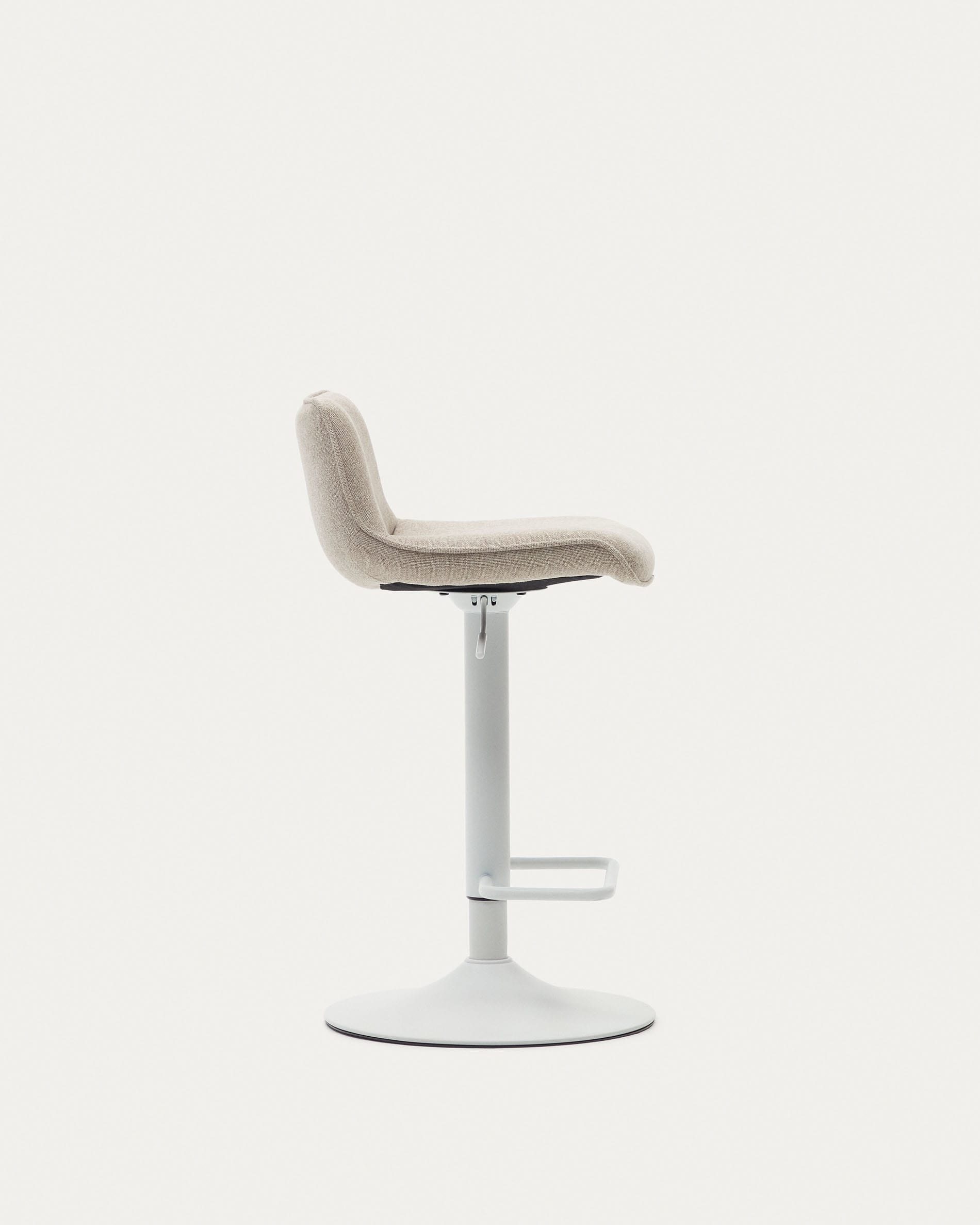 Eleganter Zenda Hocker: Beiger Chenille, weisser Stahl, höhenverstellbar.