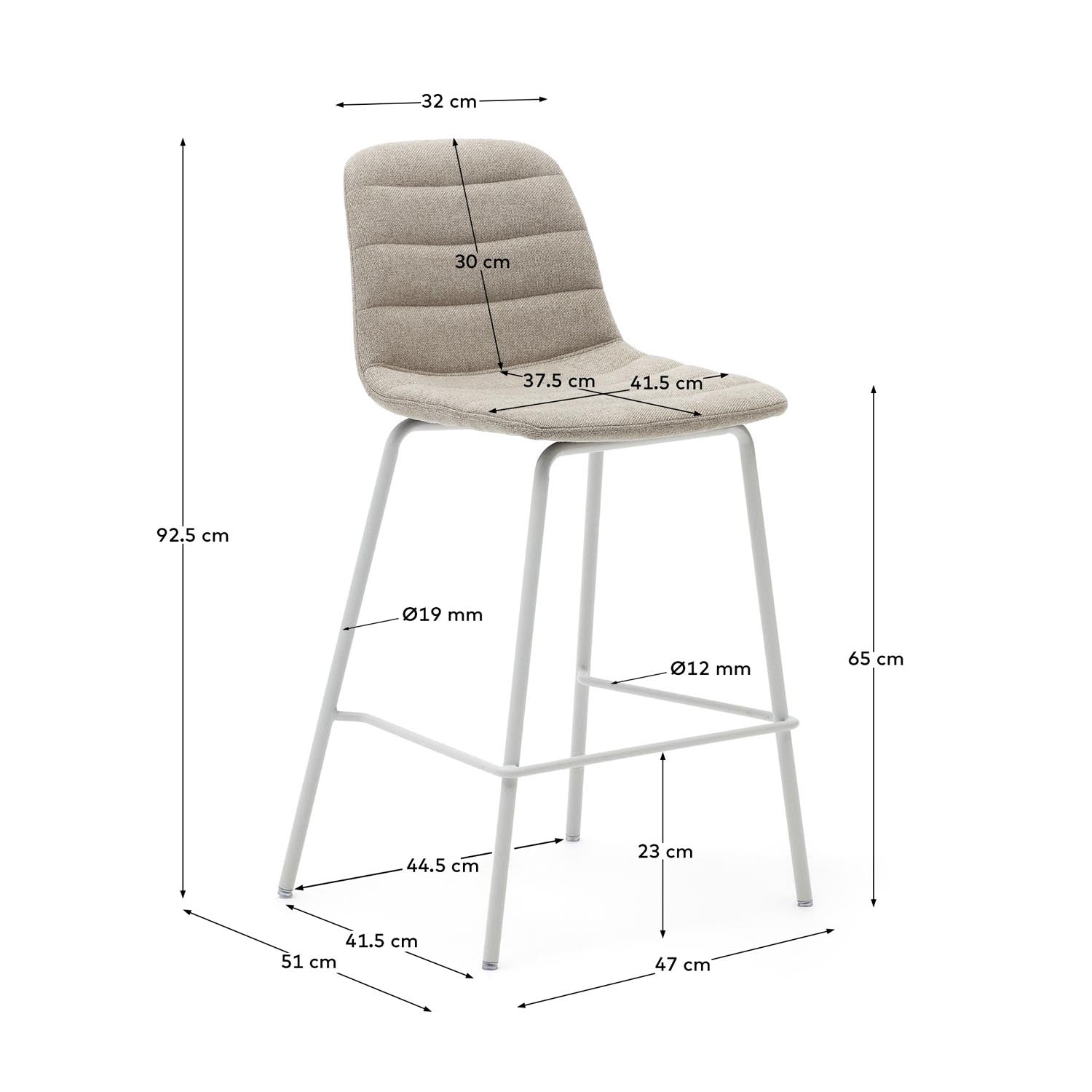 Stylischer Zunilda Hocker aus beigem Chenille und mattweißem Stahl, 65 cm hoch. Ideal für moderne Wohnräume und vielseitig einsetzbar.