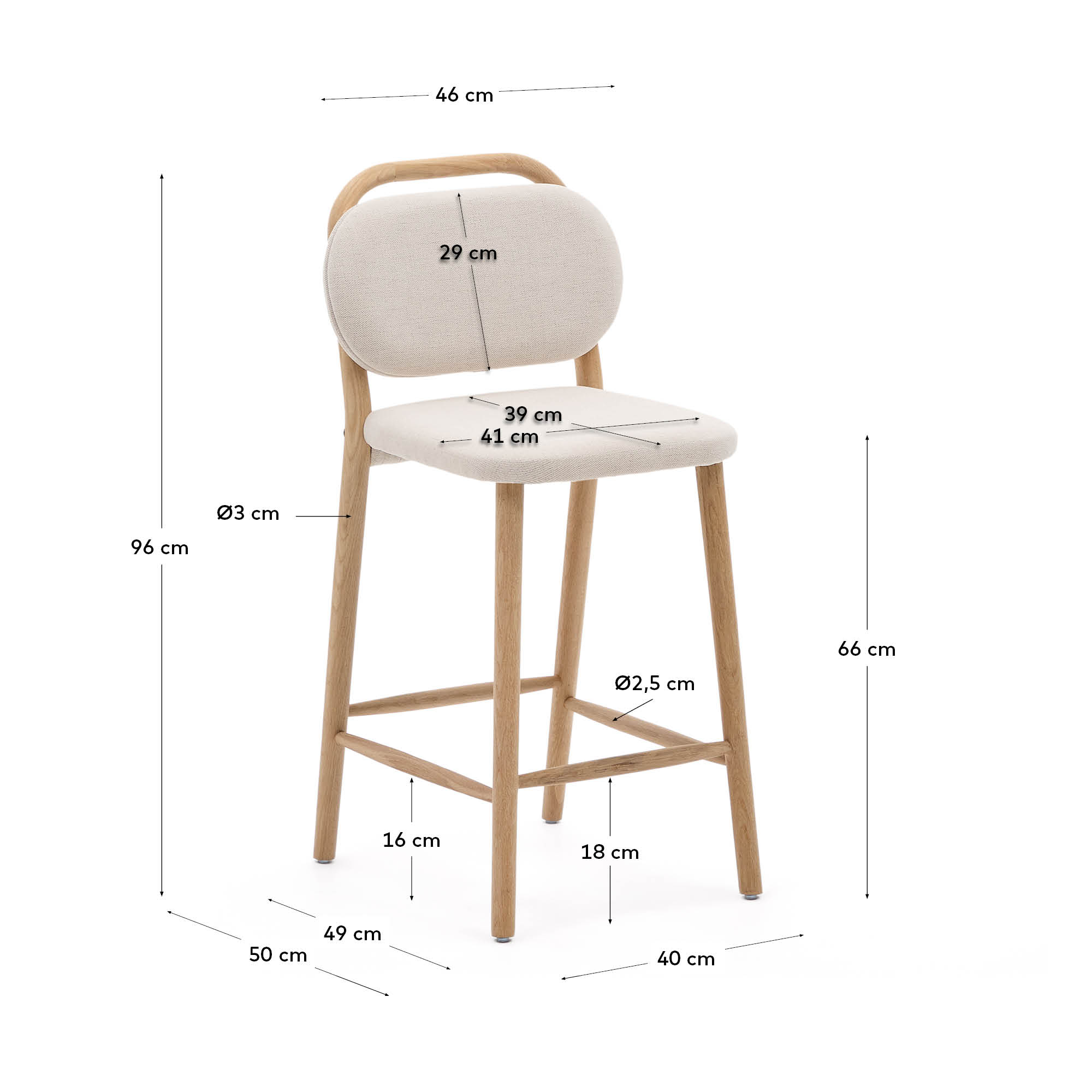 Eleganter Helda Hocker, 65 cm, aus beiger Chenille und FSC-zertifiziertem Eichenholz, modern und nachhaltig designt.