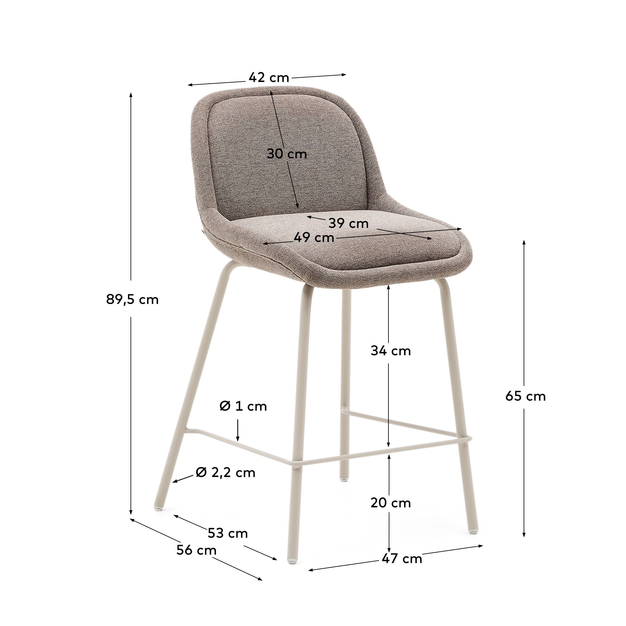 Erleben Sie den Aimin Hocker von Kave Home: Eleganter Chenille-Bezug in Hellbraun, robuste Stahlbeine mit beigem Finish, 65 cm hoch – ideal für jeden Raum.