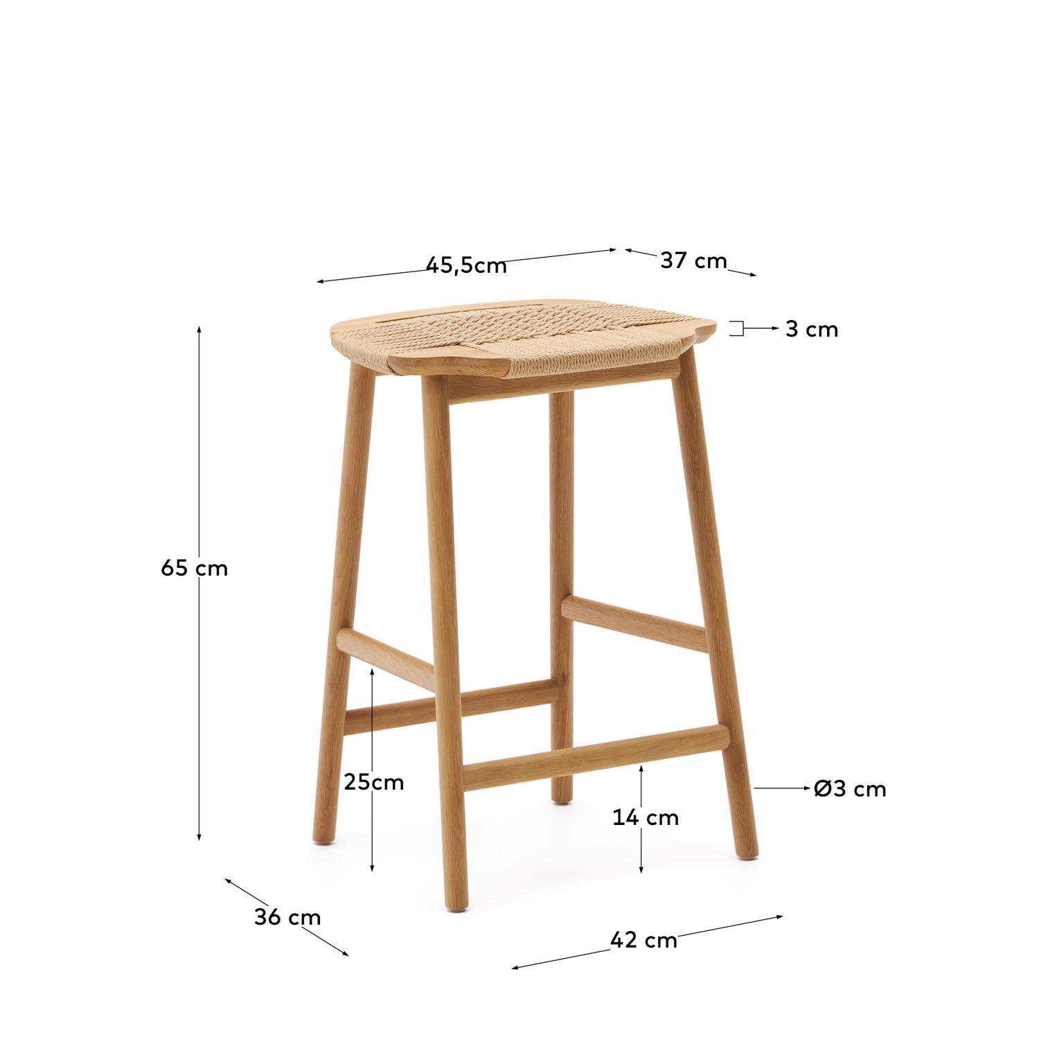 Beige Enit Hocker aus Papierseil und Eichenholz, 65 cm hoch. Ideal für Kücheninseln und Bars, vereint Funktionalität und modernes Design.