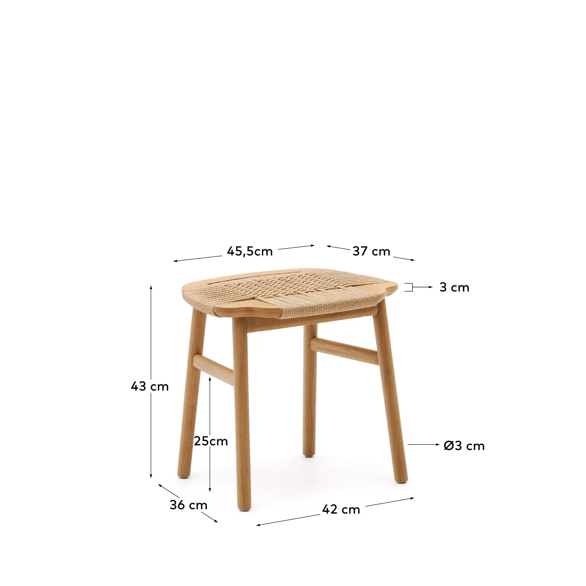 Eleganter Hocker aus Eichenholz und Papierseil, 43cm hoch, FSC-zertifiziert, für stilvolle und nachhaltige Einrichtung.