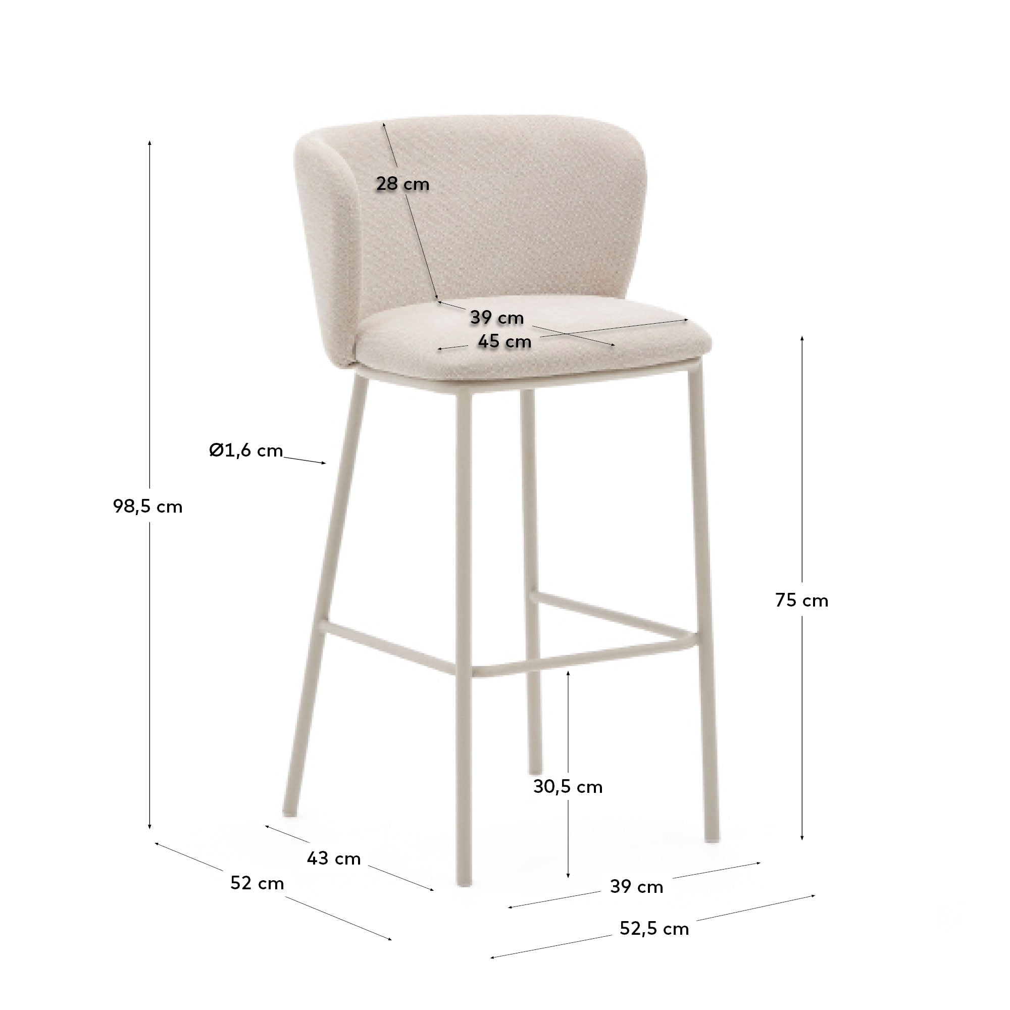 Hocker Ciselia von Kave Home: Eleganter 75 cm hoher Hocker aus beigem Chenille und stabilem Stahl. Ideal für moderne, nachhaltige Wohnkonzepte.