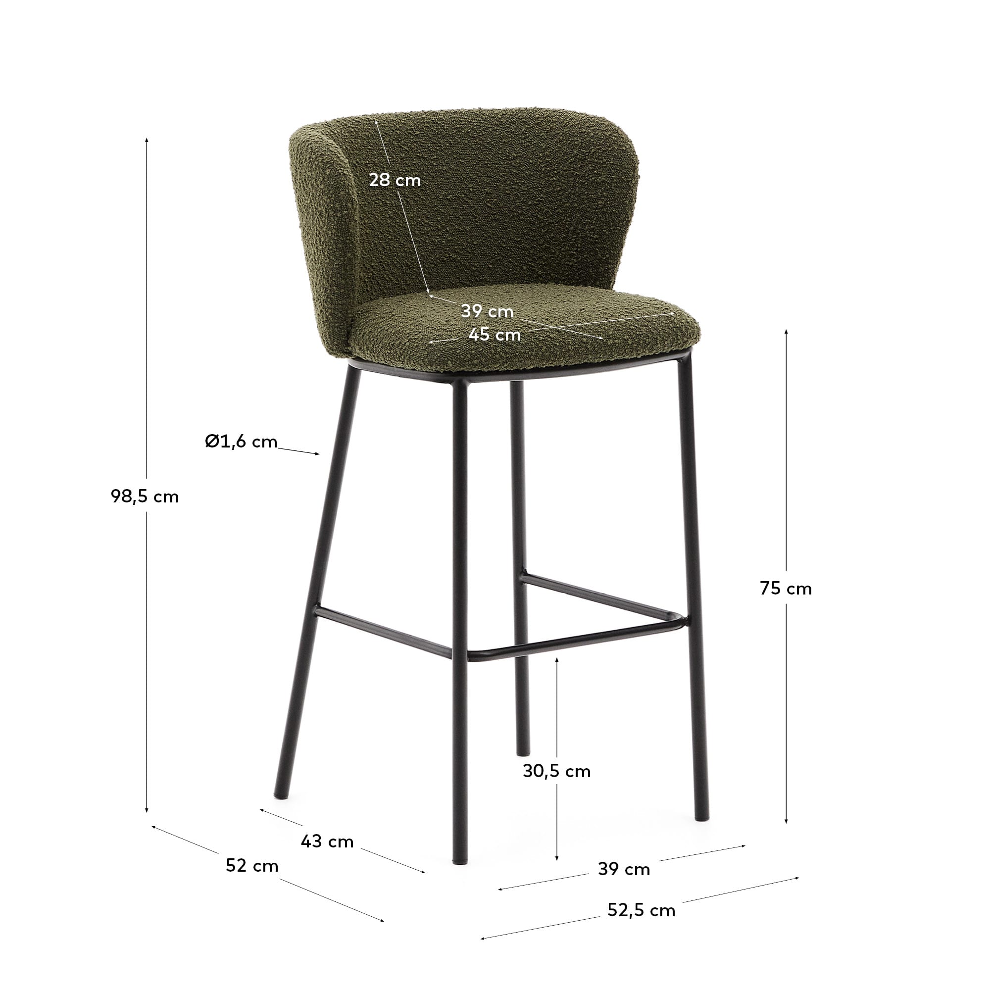 Eleganter Hocker Ciselia mit grünem Schaffellbezug, stabilem schwarzen Stahlrahmen, 75 cm hoch, FSC-zertifiziert, von Kave Home.