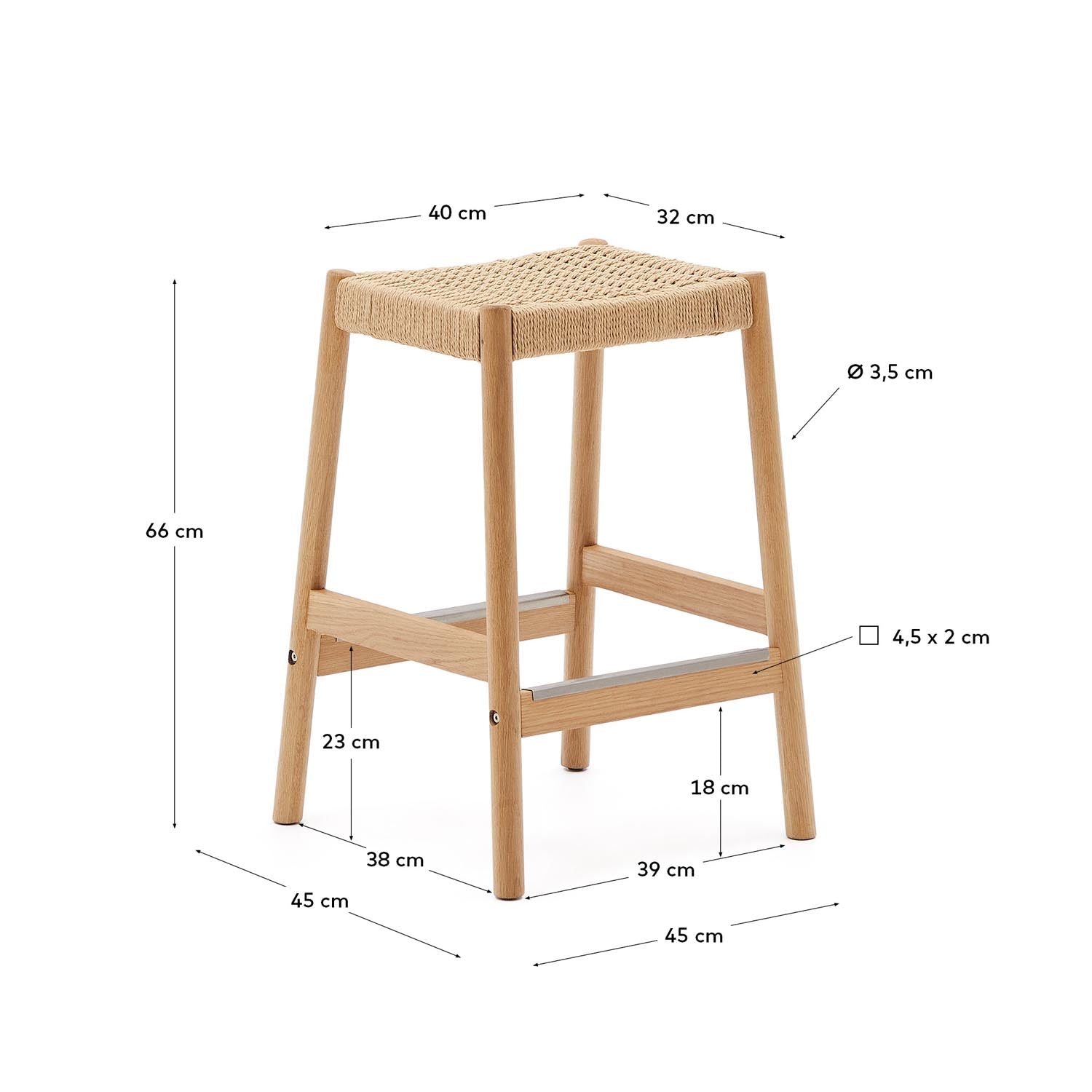 Yalia Hocker aus massivem Eichenholz mit naturfarbenem Finish und Seilsitz Höhe 65 cm FSC  in Natur präsentiert im Onlineshop von KAQTU Design AG. Hocker ist von Kave Home