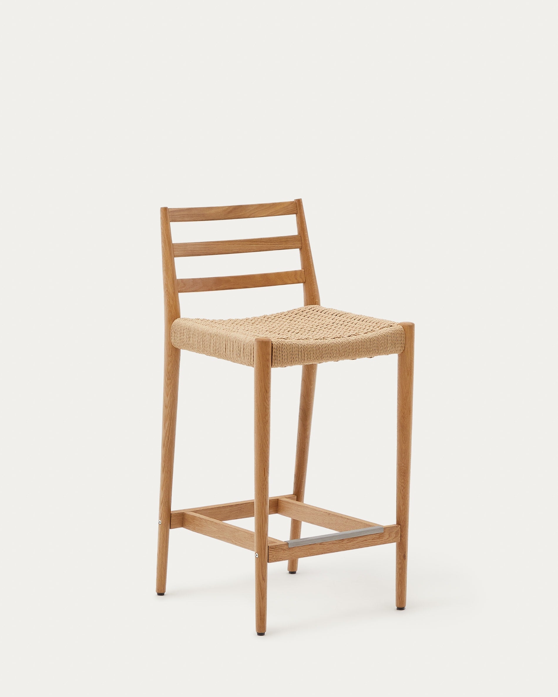 3D-Modell eines modernen Barhockers aus Eichenholz mit Seilsitz, ideal für stilvolle Küchen und Bars.