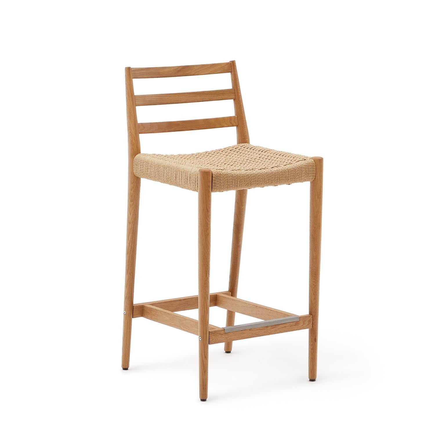 Analy bar stool with backrest, solid oak wood with natural finish and rope seat.