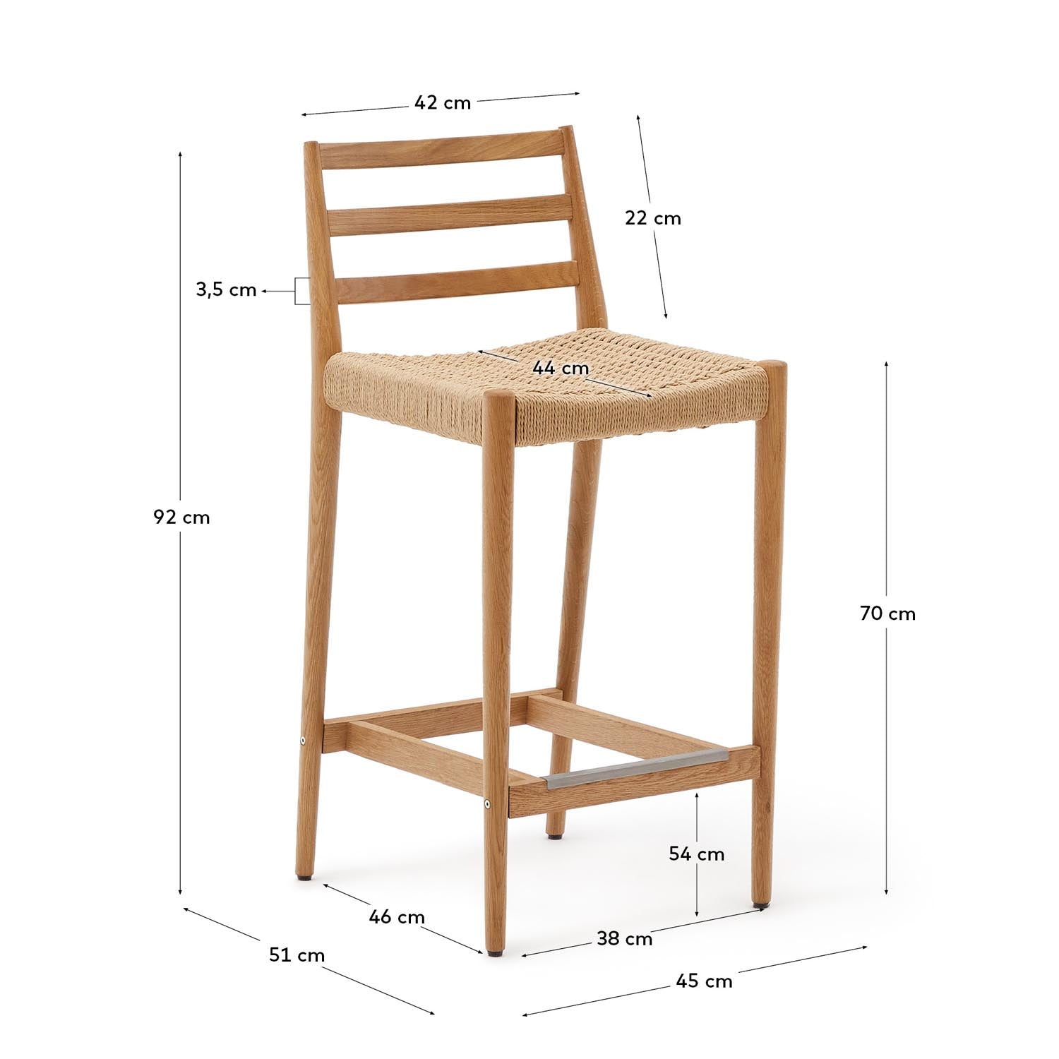 Analy Barhocker Rückenlehne massives Eichenholz mit naturfarbenem Finish und Seilsitzfläch in Natur präsentiert im Onlineshop von KAQTU Design AG. Barhocker ist von Kave Home