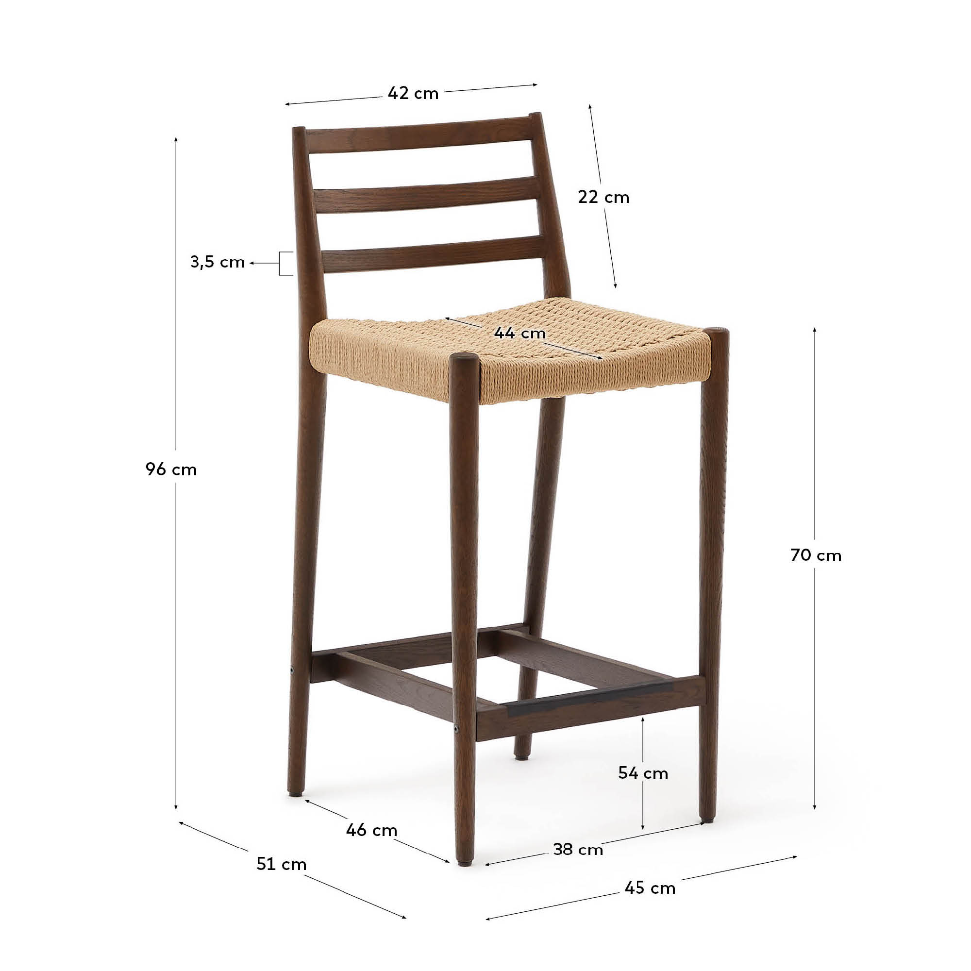 Stilvoller Analy Barhocker aus robustem Eichenholz mit Nussbaum-Finish, luftiger Seilsitzfläche und ergonomischer Rückenlehne – ideal für Ihre Küche.