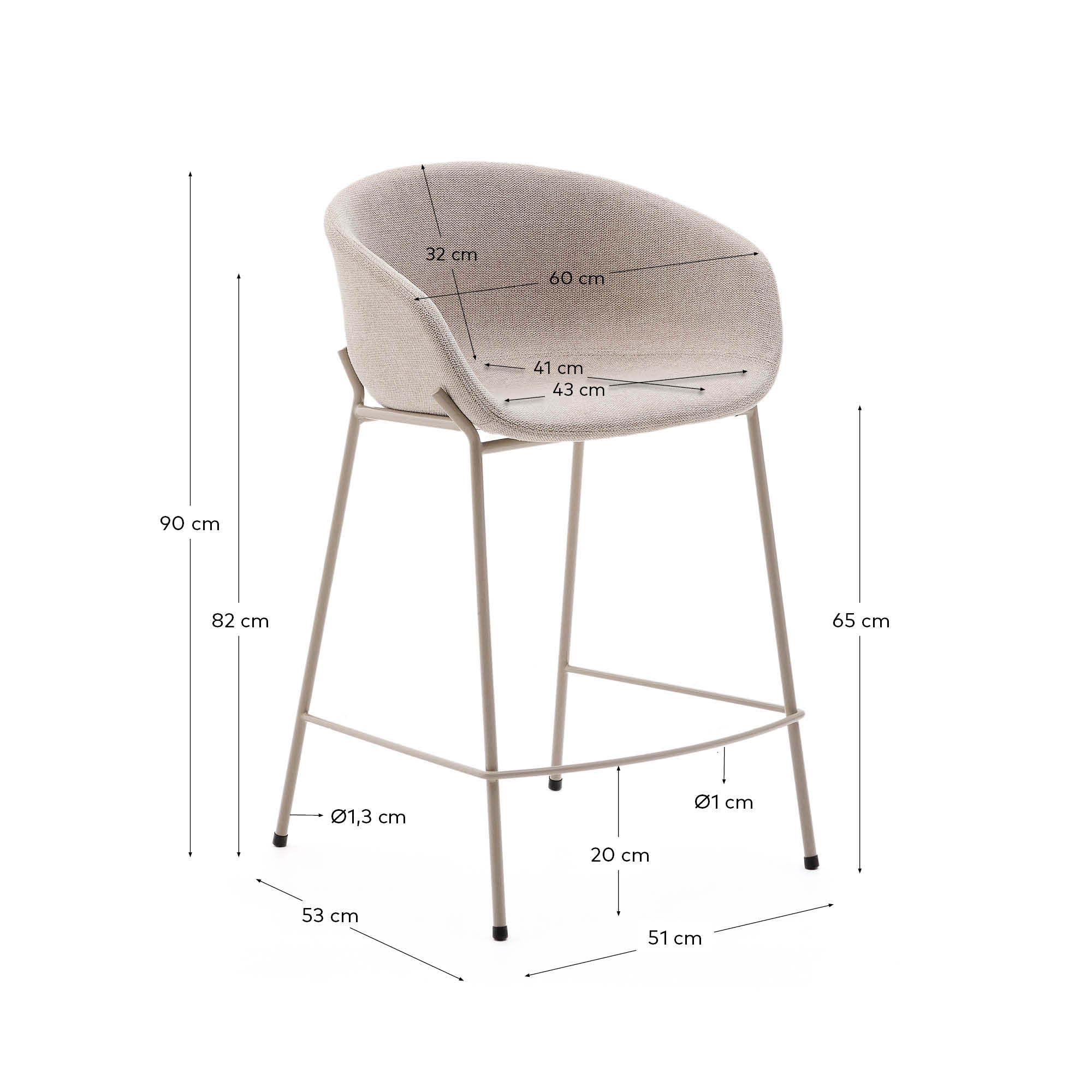 Eleganter Hocker Yvette mit beige Chenille-Bezug und robusten Stahlbeinen, 65 cm hoch, perfekt für moderne Wohnräume.