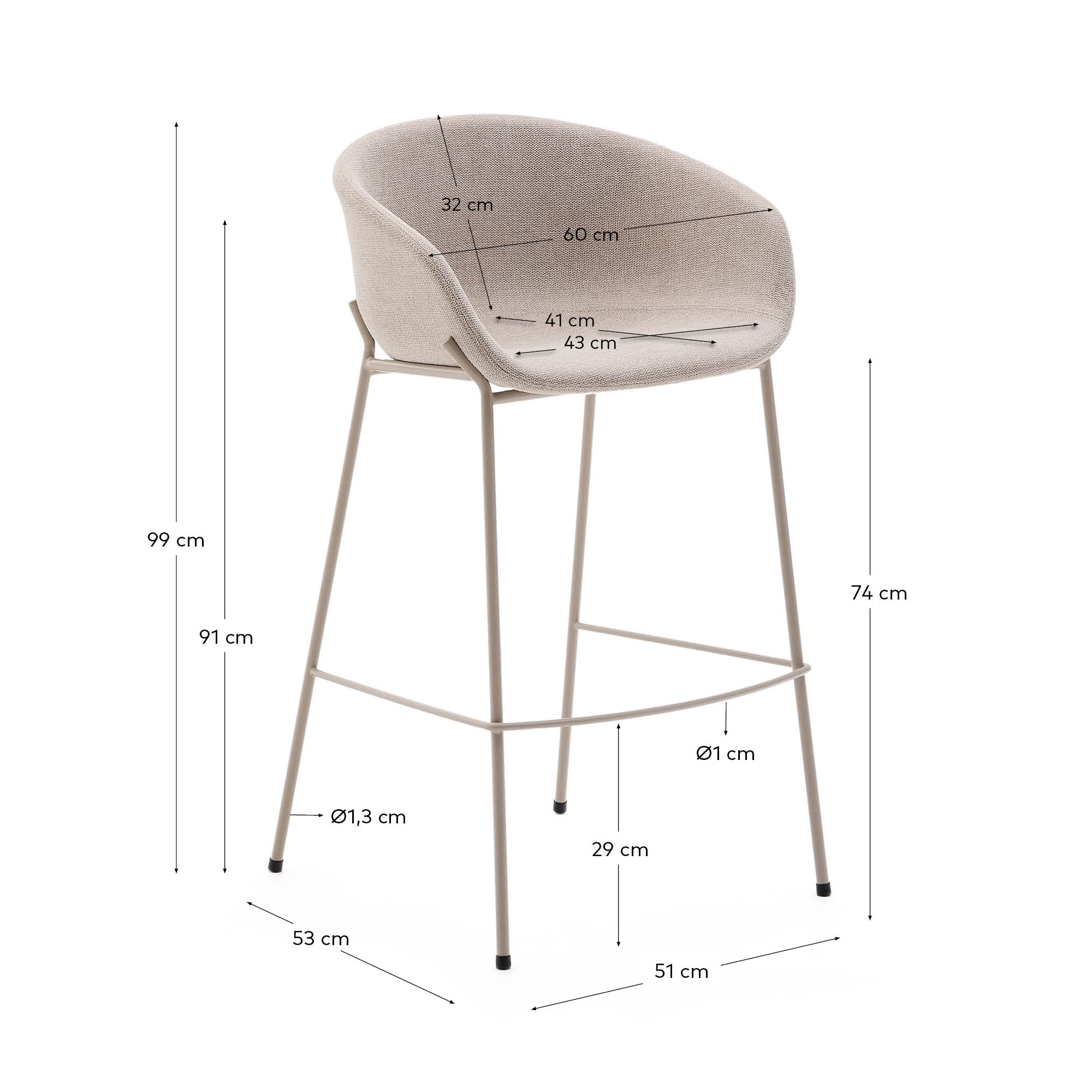 Moderner Hocker Yvette aus beigem Chenille mit robusten Stahlbeinen, 75 cm hoch – perfekt für hohe Tische und stilvolle Akzente in Ihrem Zuhause.