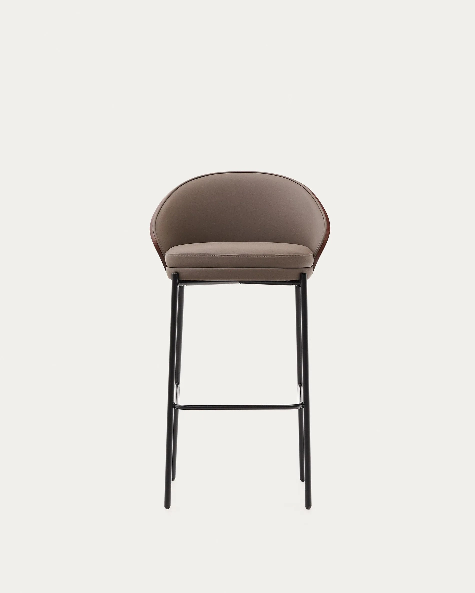Eleganter Hocker mit braunem Kunstleder, Nussbaum-Eschenfurnier und Metallgestell, ideal für Bartheken.