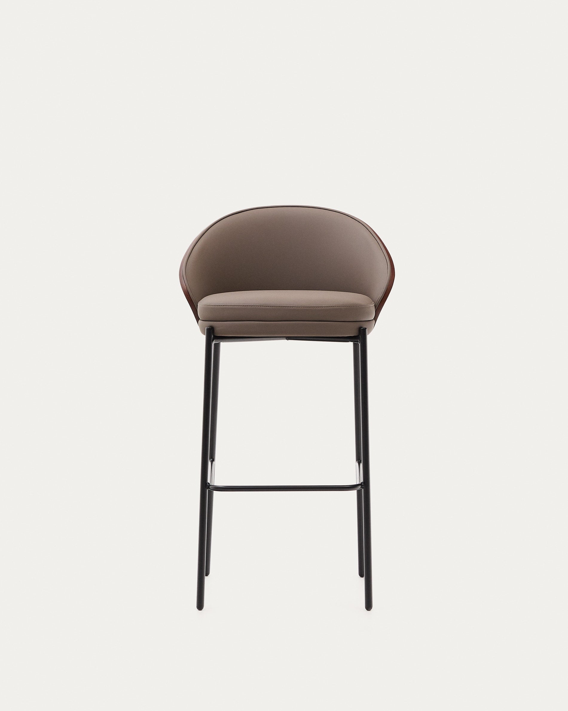 Eleganter Hocker mit braunem Kunstleder, Nussbaum-Eschenfurnier und Metallgestell, ideal für Bartheken.