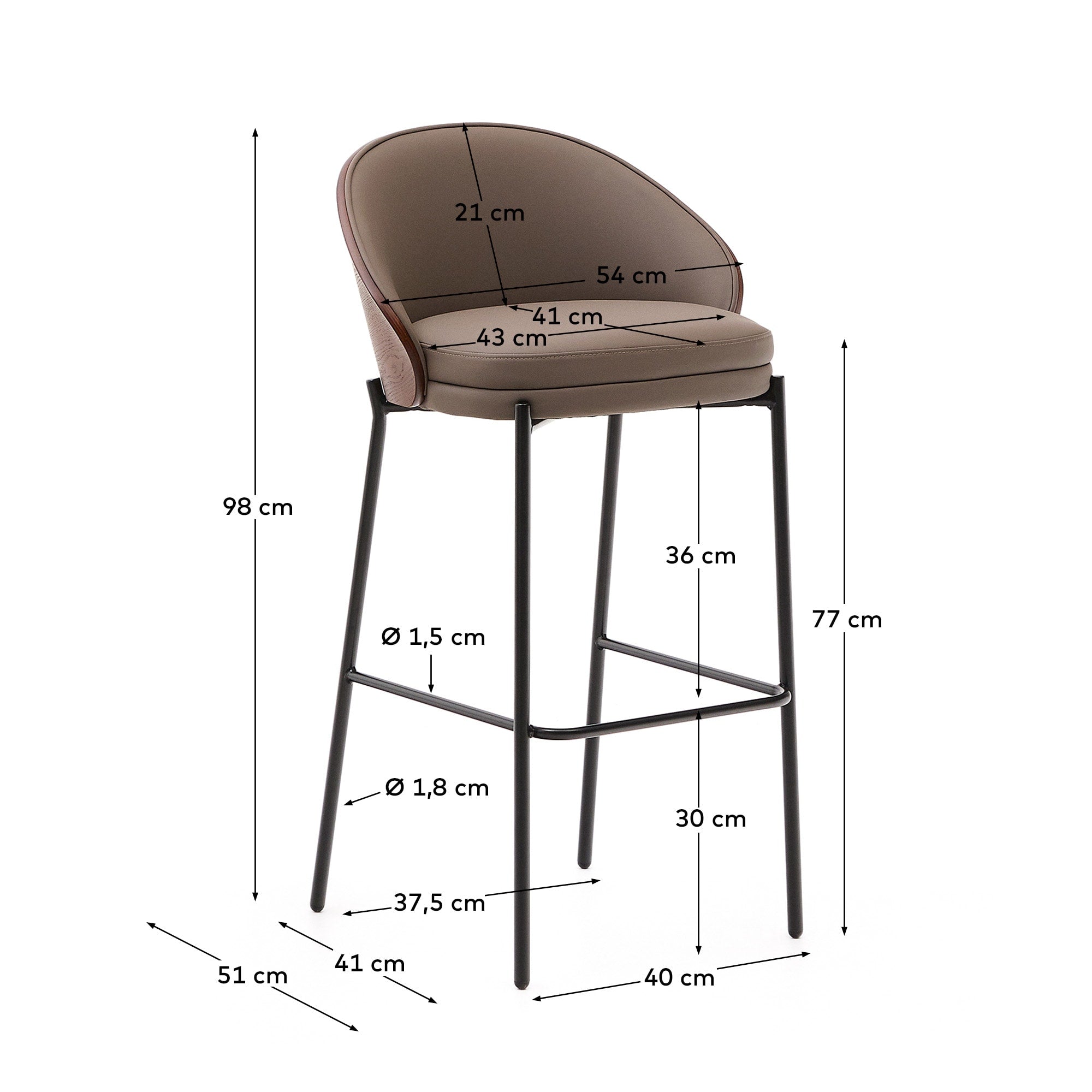 Moderner Eamy Hocker mit braunem Kunstlederbezug, Nussbaum-Eschenfurnier und braunem Metallgestell, 77 cm hoch, stilvoll und bequem.