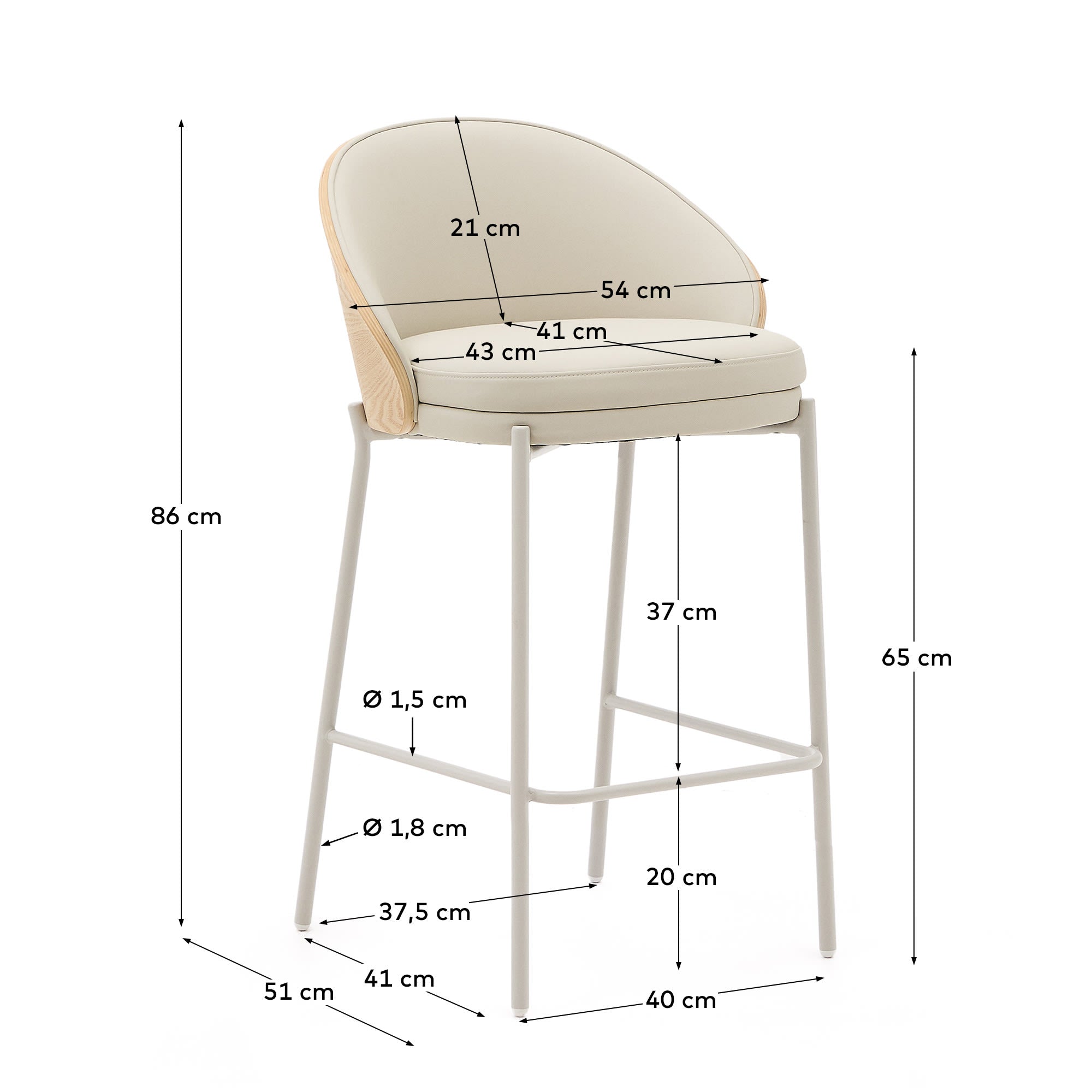 Moderner Eamy Hocker mit beigem Kunstleder, naturfarbenem Eschenfurnier und Metall, ideal für stilvolle Wohnbereiche.