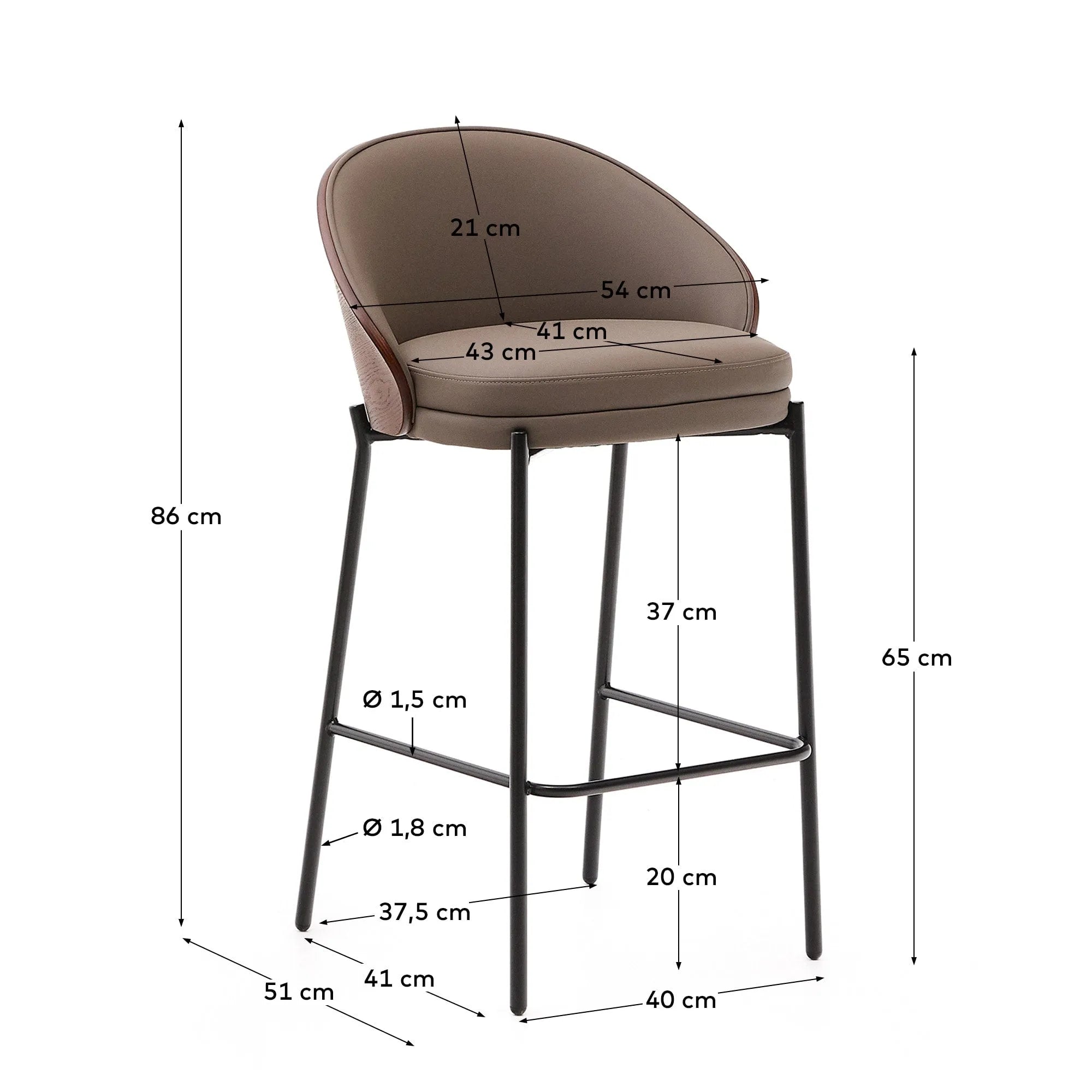 Eleganter Hocker mit braunem Kunstledersitz, Nussbaum-Eschenfurnier und schwarzen Metallbeinen für modernen Stil.